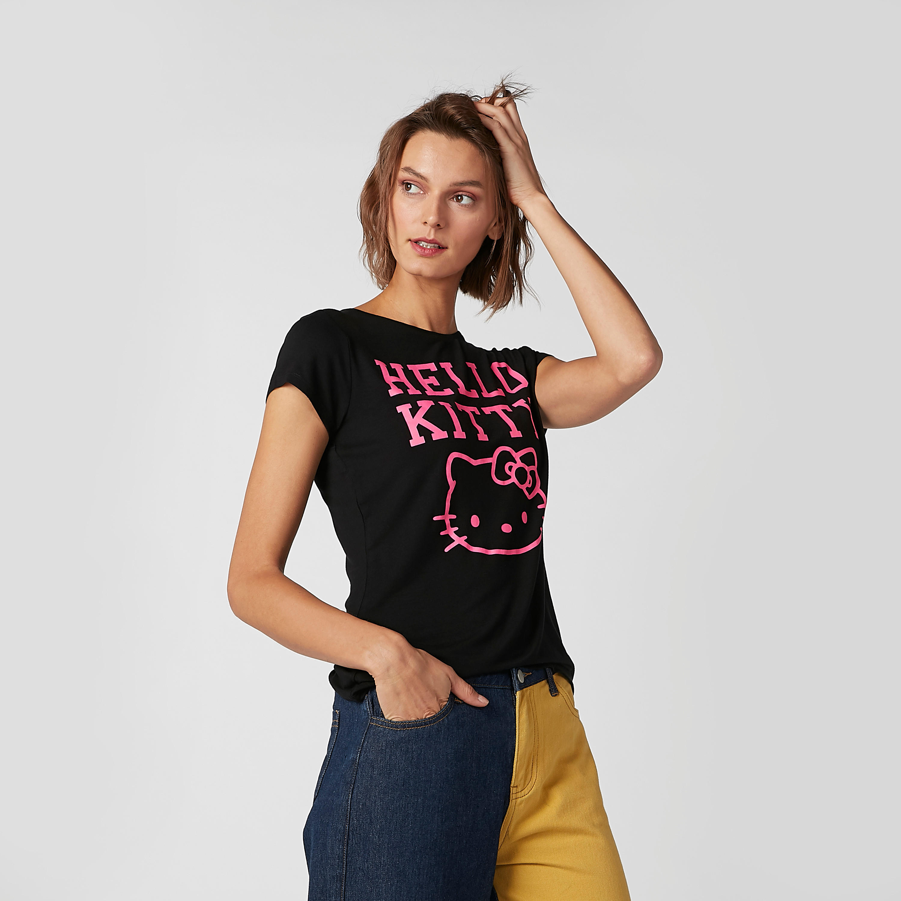 Skinny Fit Hello Kitty Printed T-shirt with Round Neck and Cap Sleeves-women-clothing-tshirts-image-4