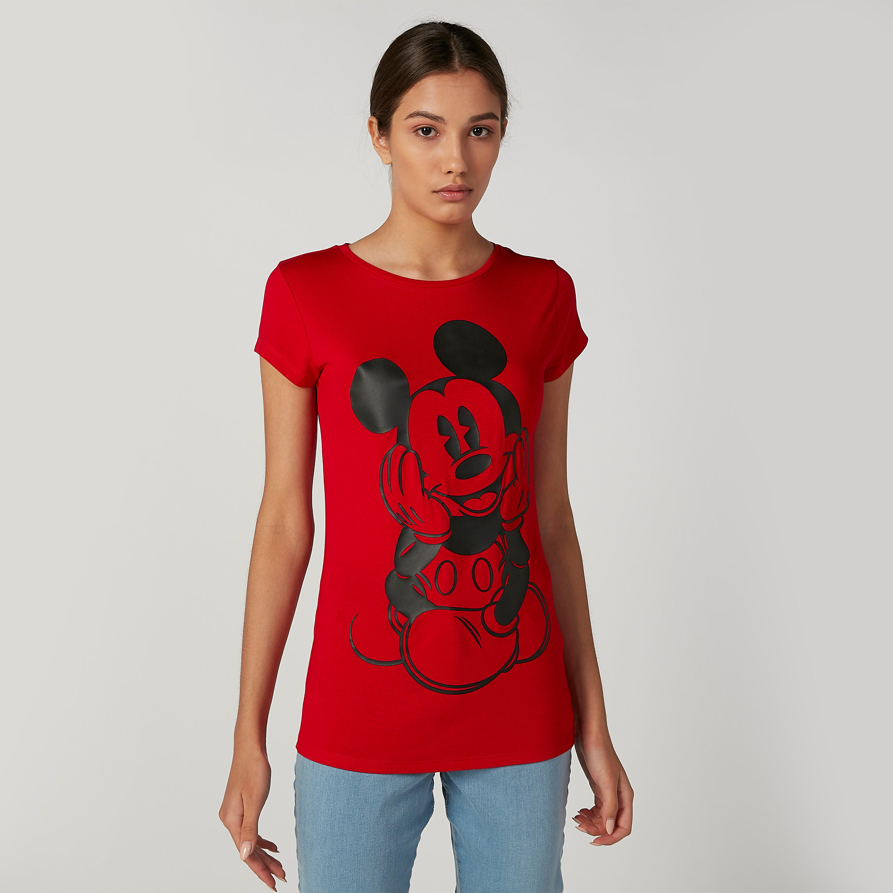 تيشيرت سكيني بياقة مستديرة وأكمام قصيرة وطبعات ميكي ماوس-women-clothing-tshirts-image-1