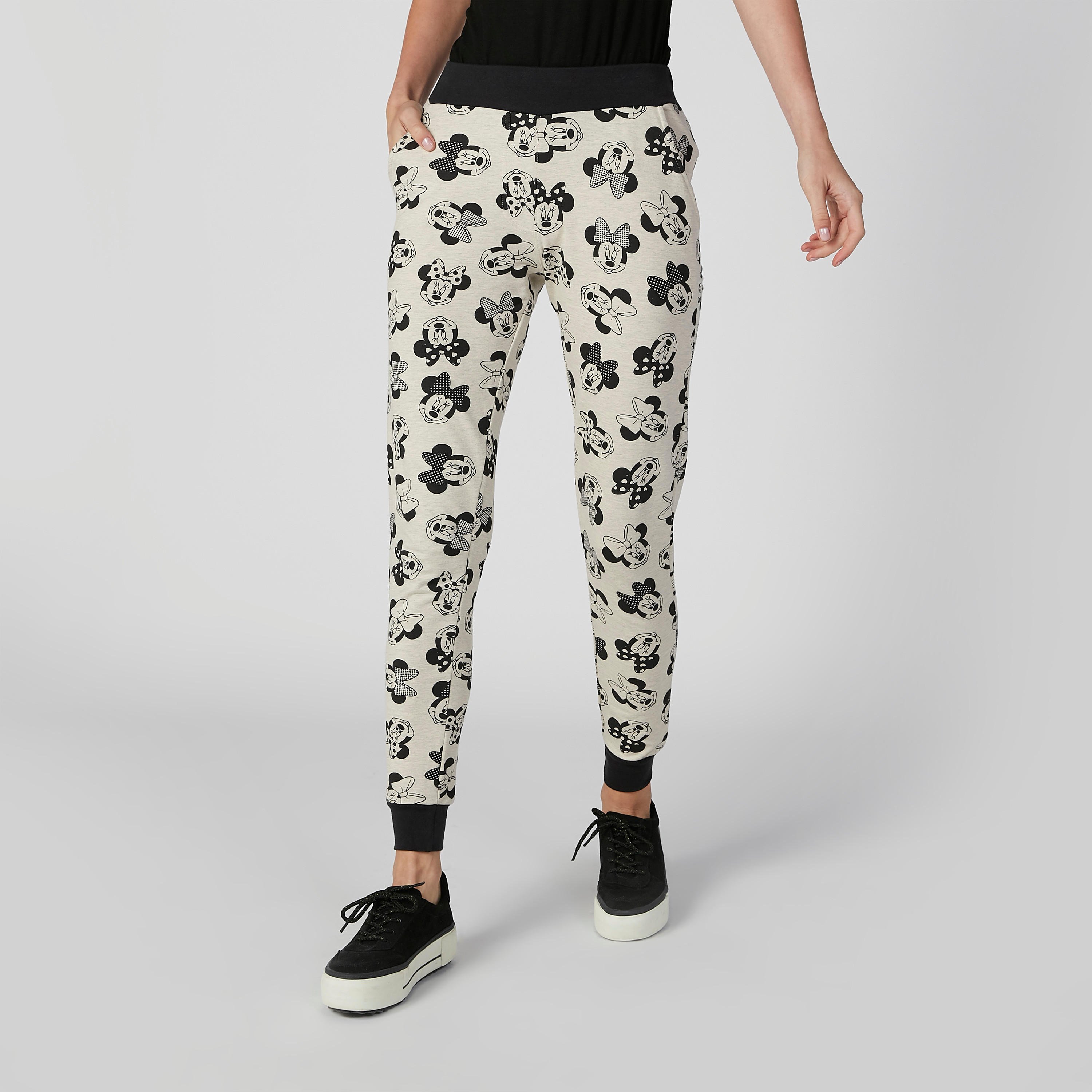 بنطلون رياضي سليم سادة بخصر منخفض وجيوب وطبعات ميني ماوس-women-clothing-bottoms-joggers-image-1