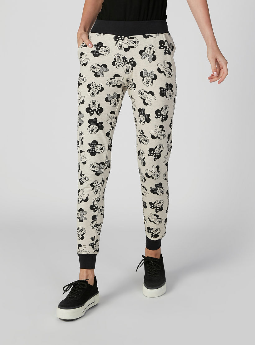بنطلون رياضي سليم سادة بخصر منخفض وجيوب وطبعات ميني ماوس-women-clothing-bottoms-joggers-image-1