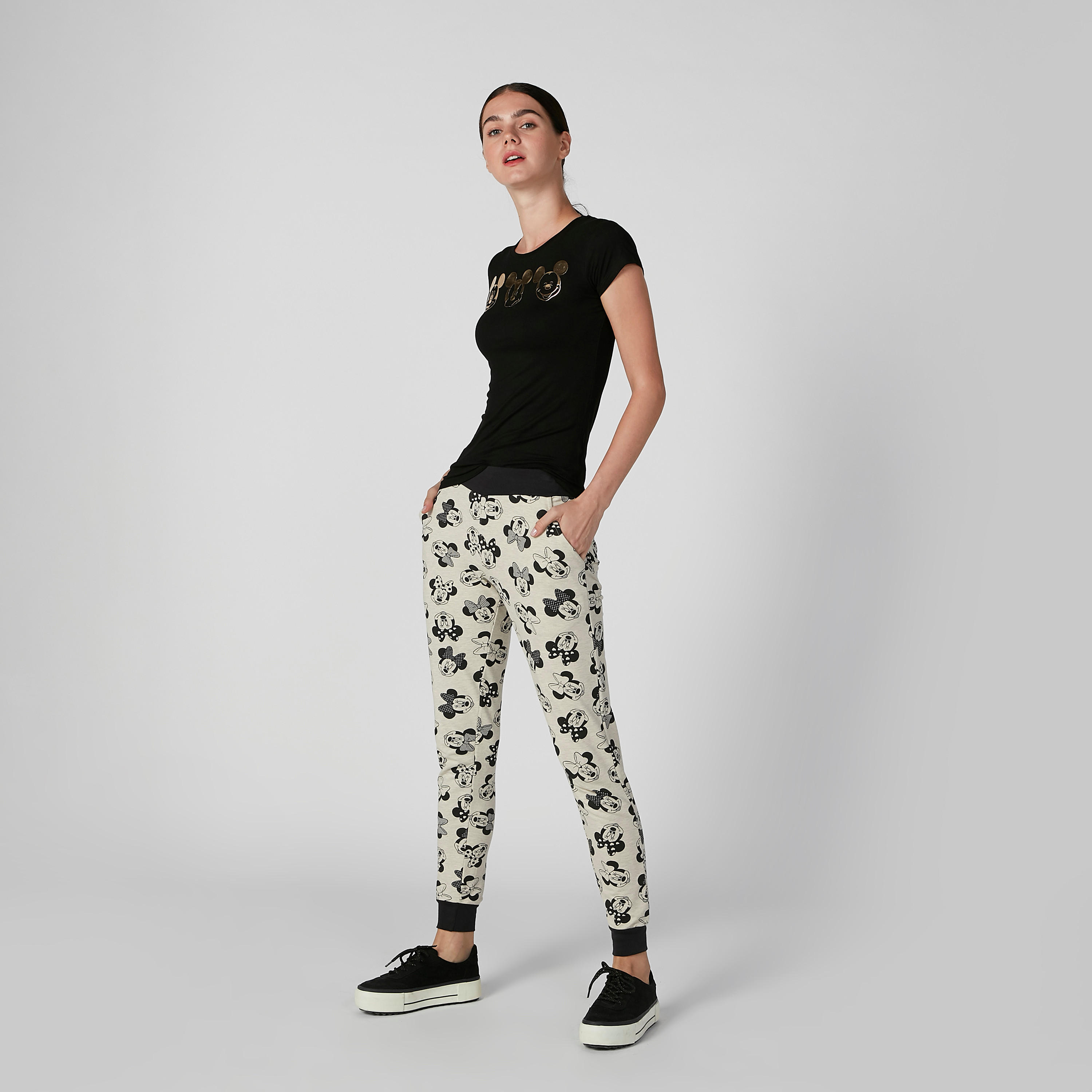 بنطلون رياضي سليم سادة بخصر منخفض وجيوب وطبعات ميني ماوس-women-clothing-bottoms-joggers-image-2