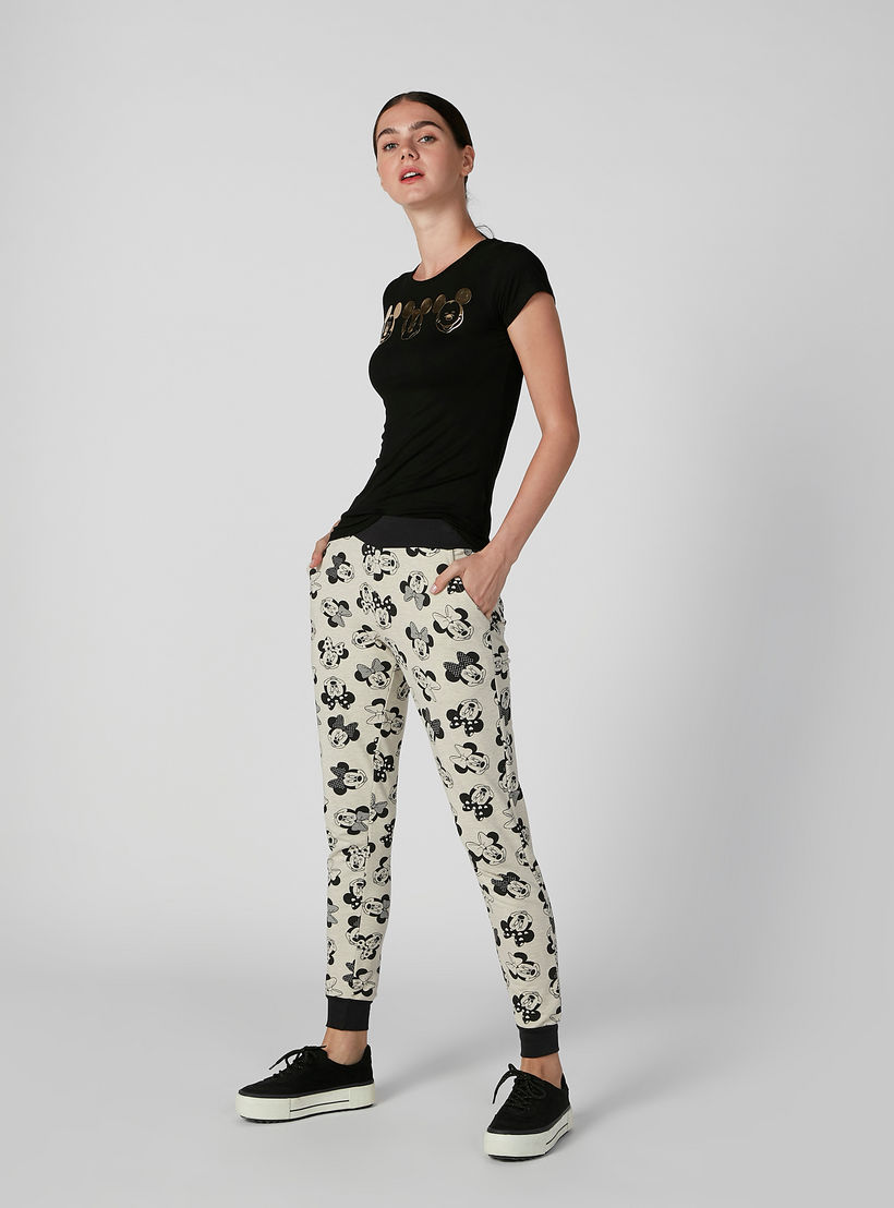 بنطلون رياضي سليم سادة بخصر منخفض وجيوب وطبعات ميني ماوس-women-clothing-bottoms-joggers-image-2