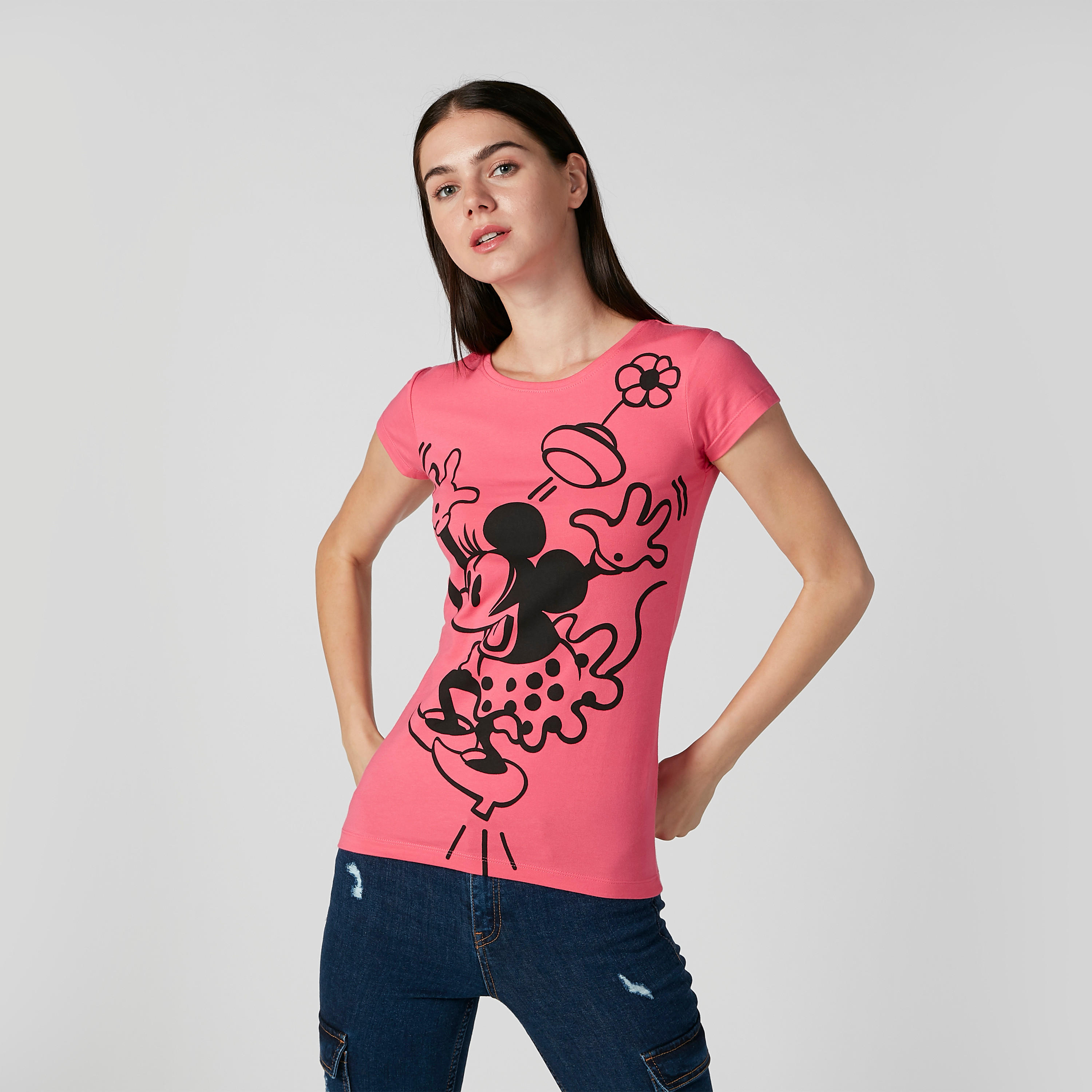 تيشيرت مستدام سكيني بأكمام كاب وطبعات ميني ماوس -women-clothing-tshirts-image-1