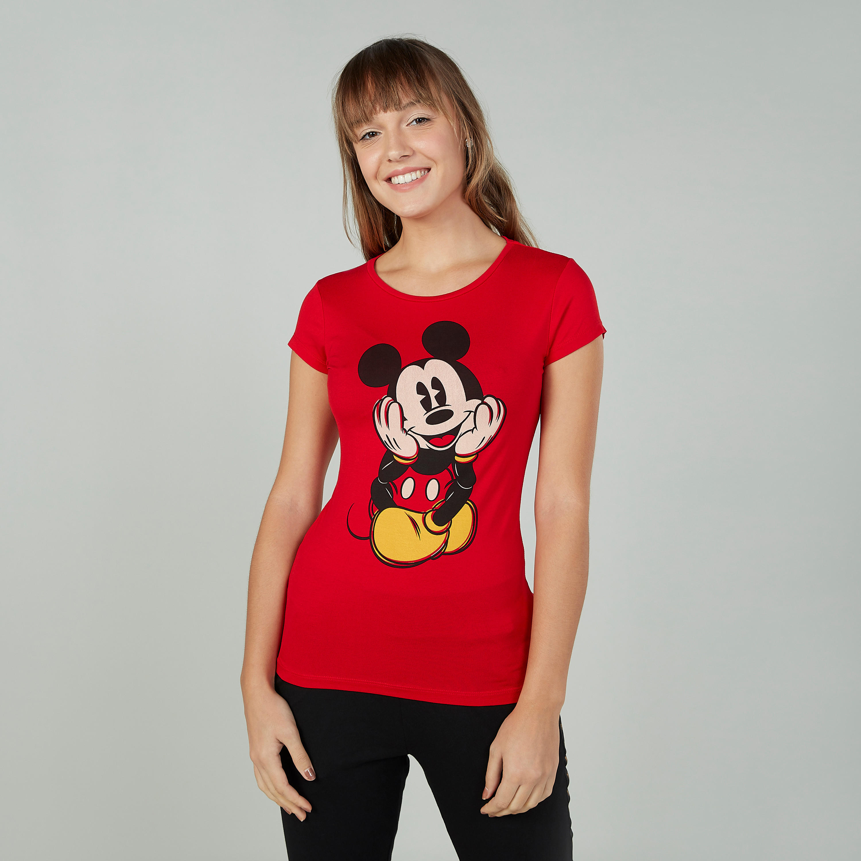 تيشيرت سكيني بياقة مستديرة وأكمام كاب وطبعات ميكي ماوس-women-clothing-tshirts-image-1