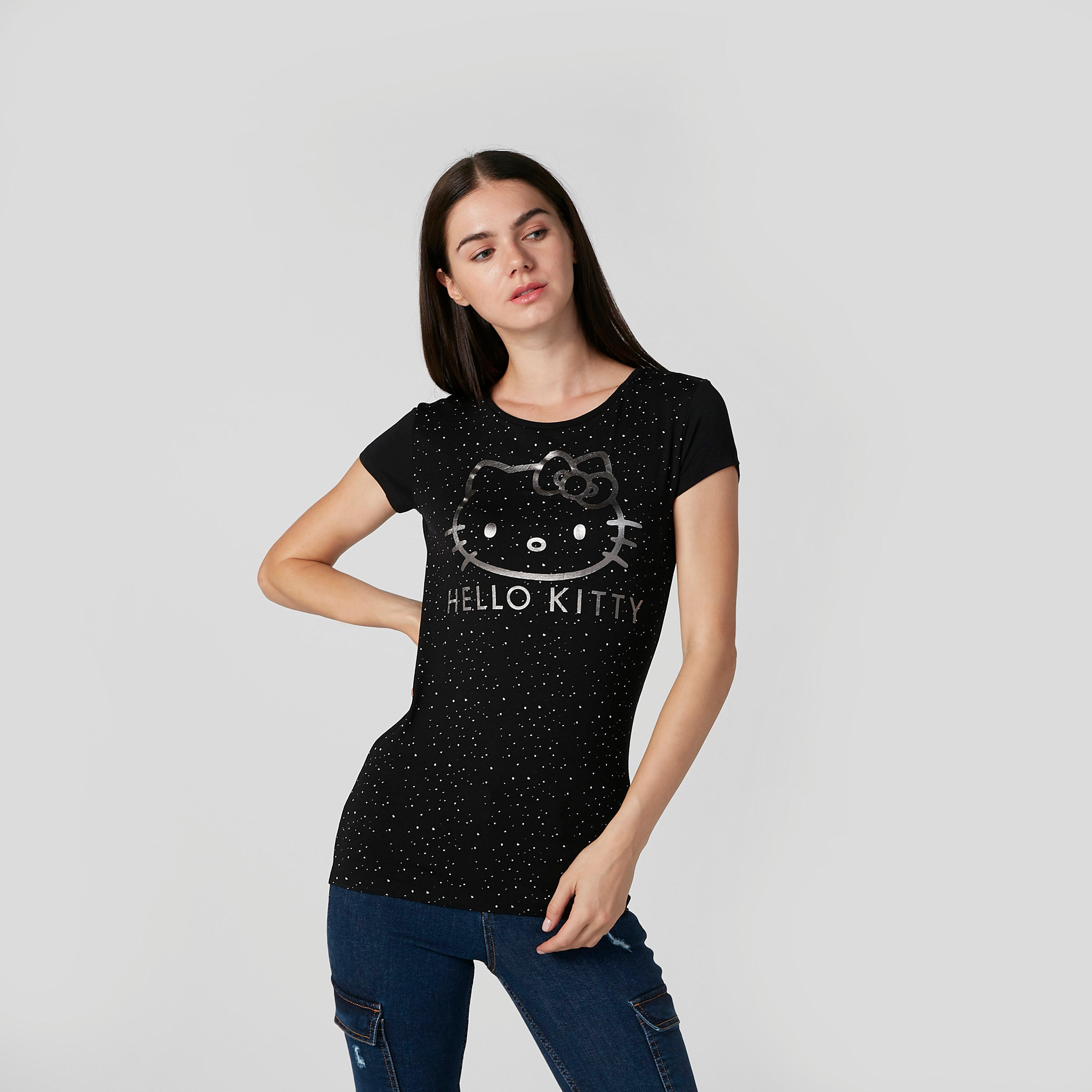 تيشيرت سكيني بياقة مستديرة وأكمام كاب وطبعات هالو كيتي-women-clothing-tshirts-image-1