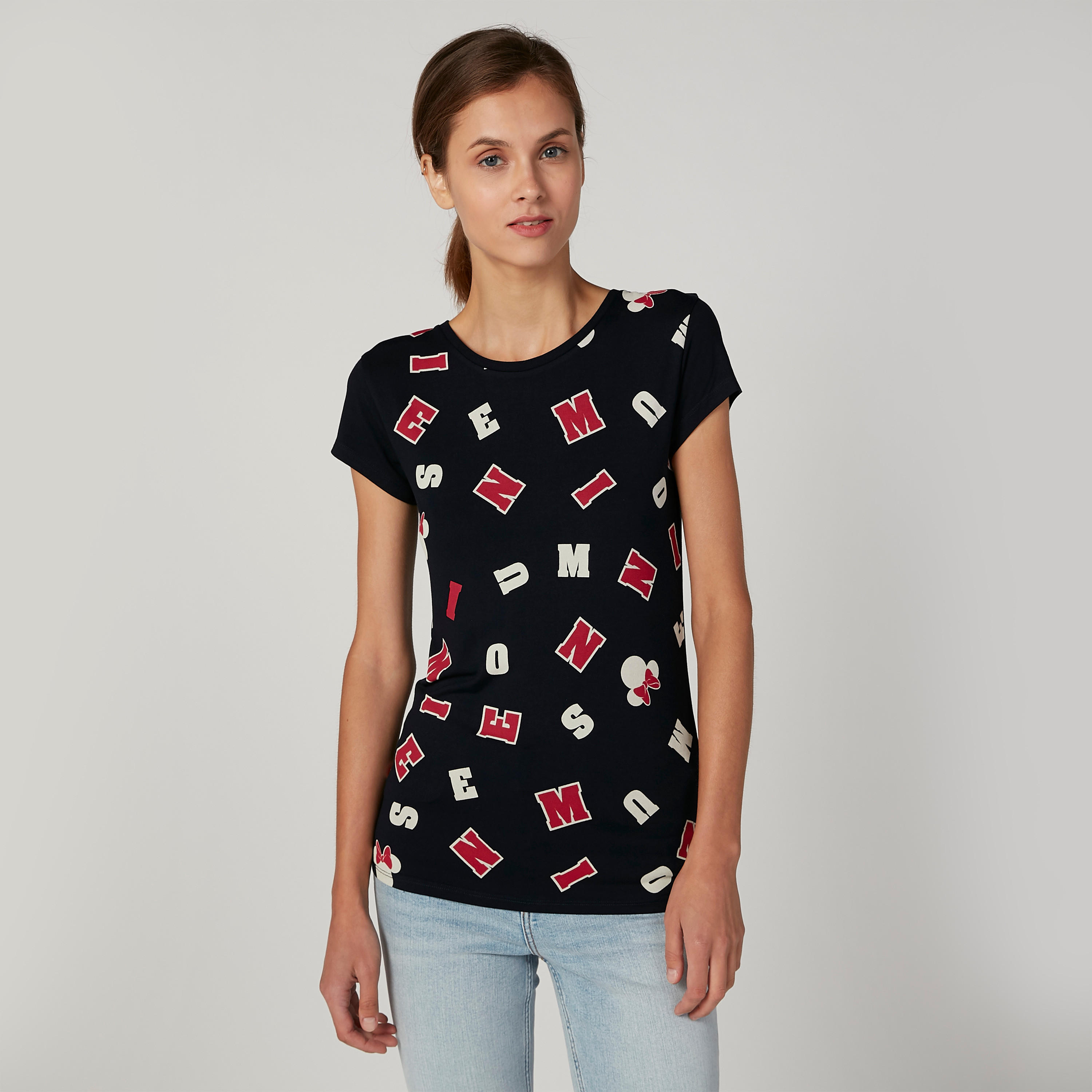 تيشيرت سكيني بياقة مستديرة وأكمام قصيرة وطبعات ميني ماوس-women-clothing-tshirts-image-1