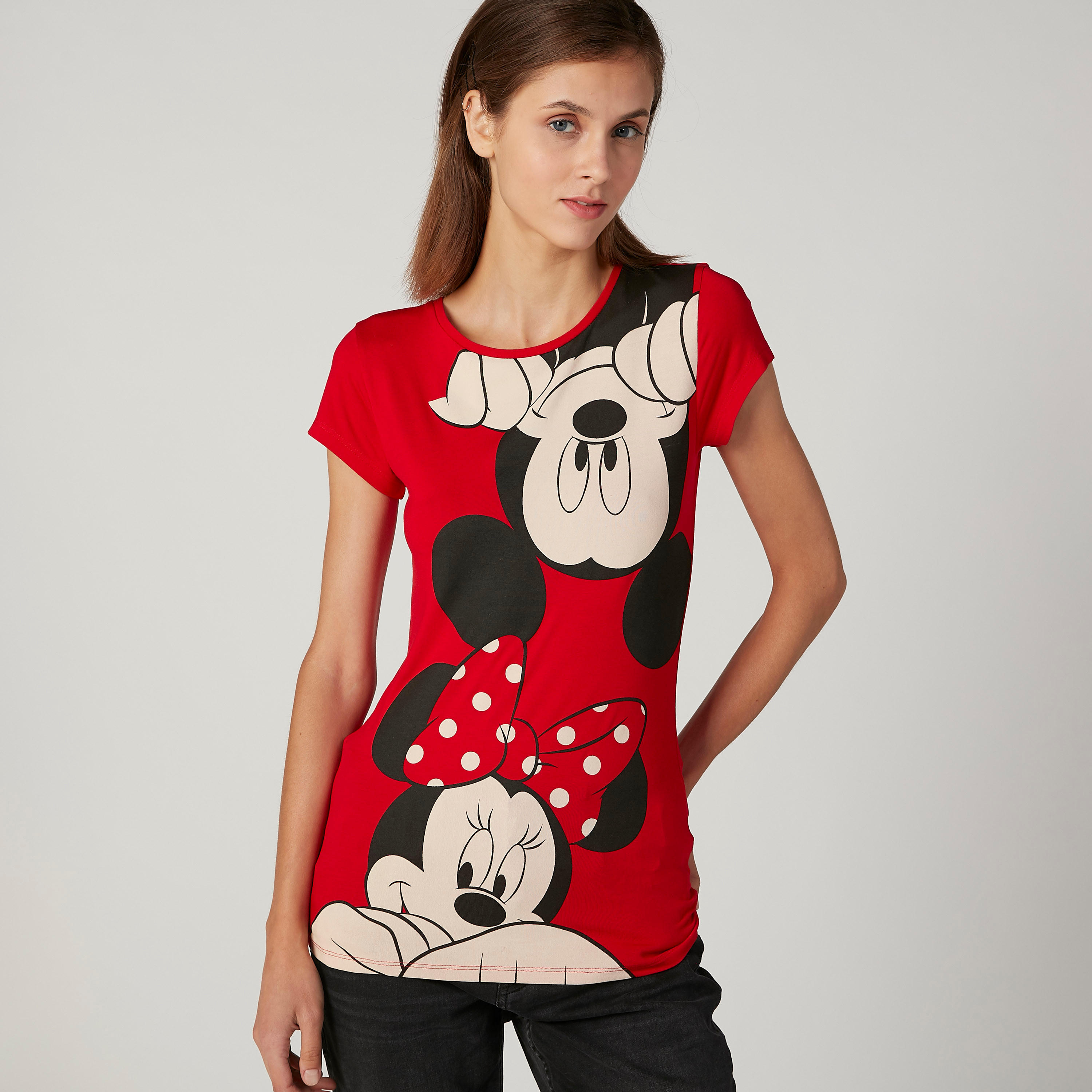 تيشيرت سكيني بياقة مستديرة وأكمام كاب وطبعات ميني ماوس-women-clothing-tshirts-image-1