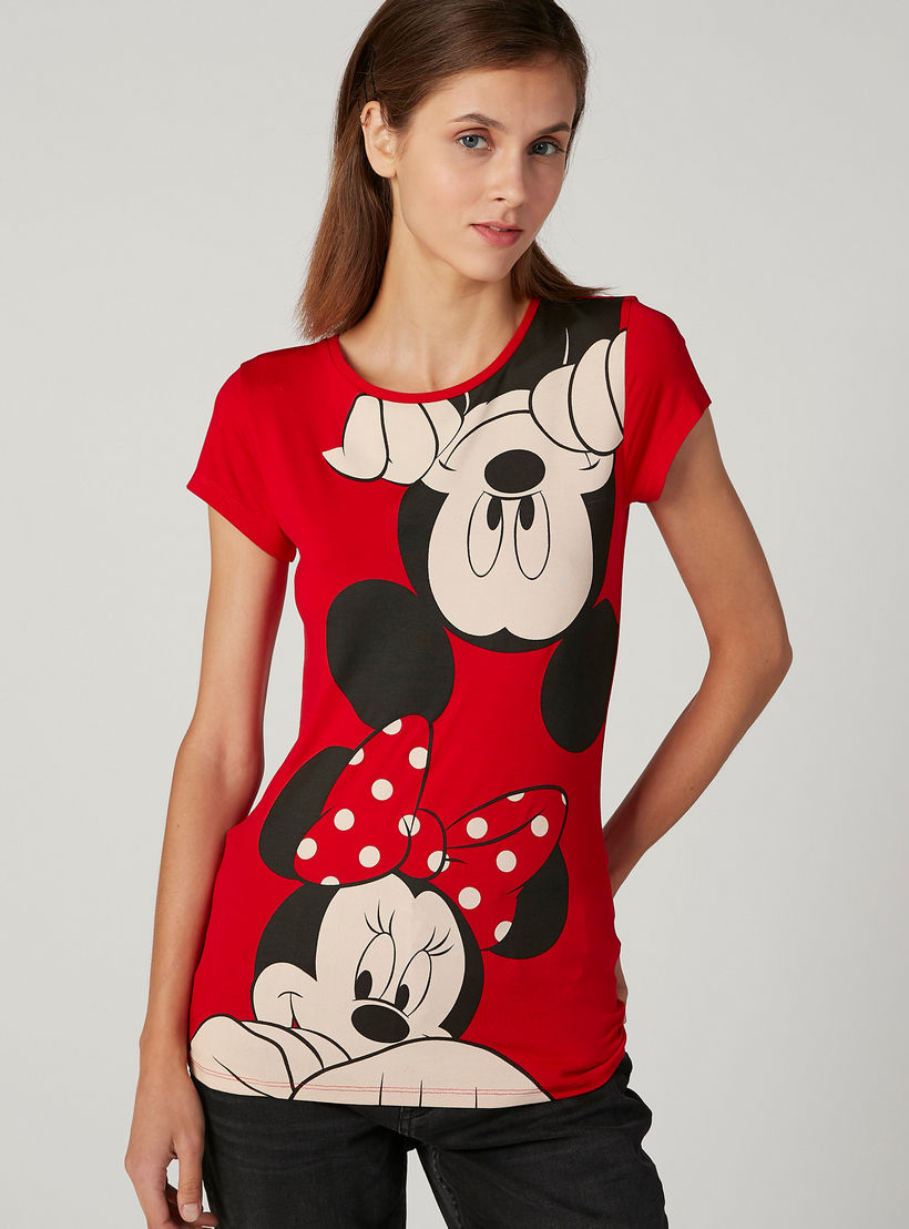 تيشيرت سكيني بياقة مستديرة وأكمام كاب وطبعات ميني ماوس-women-clothing-tshirts-image-1