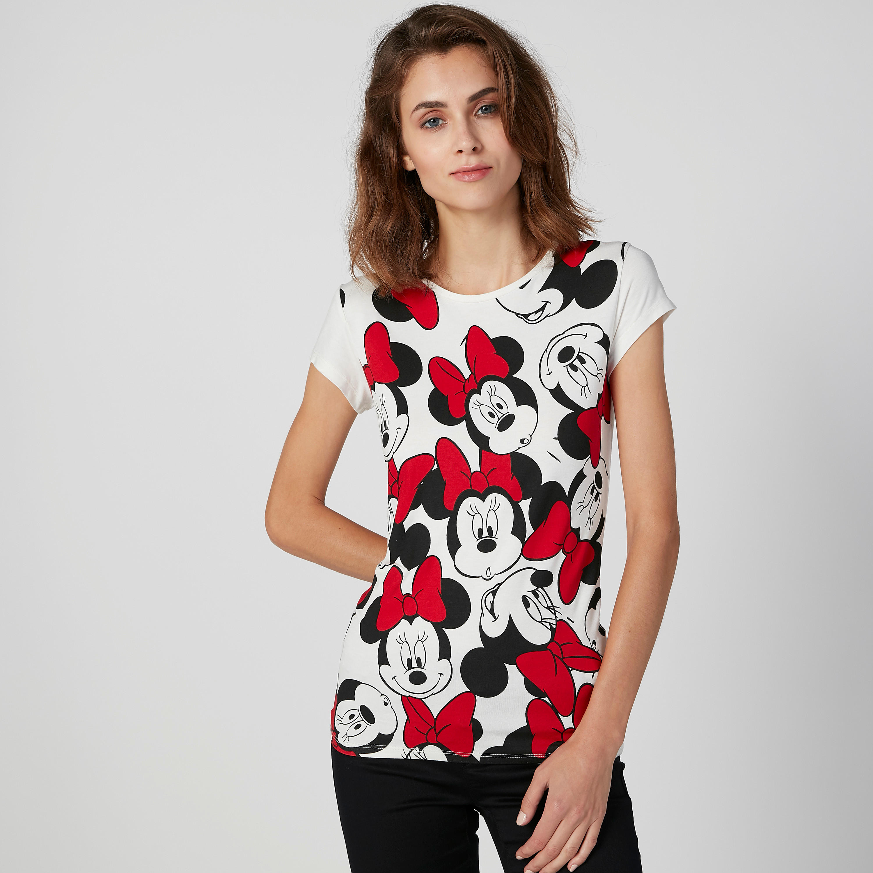 تيشيرت سكيني بياقة مستديرة وأكمام كاب وطبعات ميني ماوس-women-clothing-tshirts-image-1