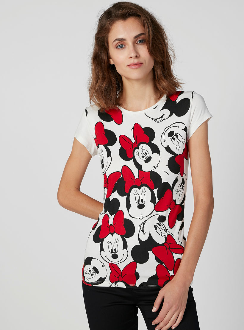 تيشيرت سكيني بياقة مستديرة وأكمام كاب وطبعات ميني ماوس-women-clothing-tshirts-image-1