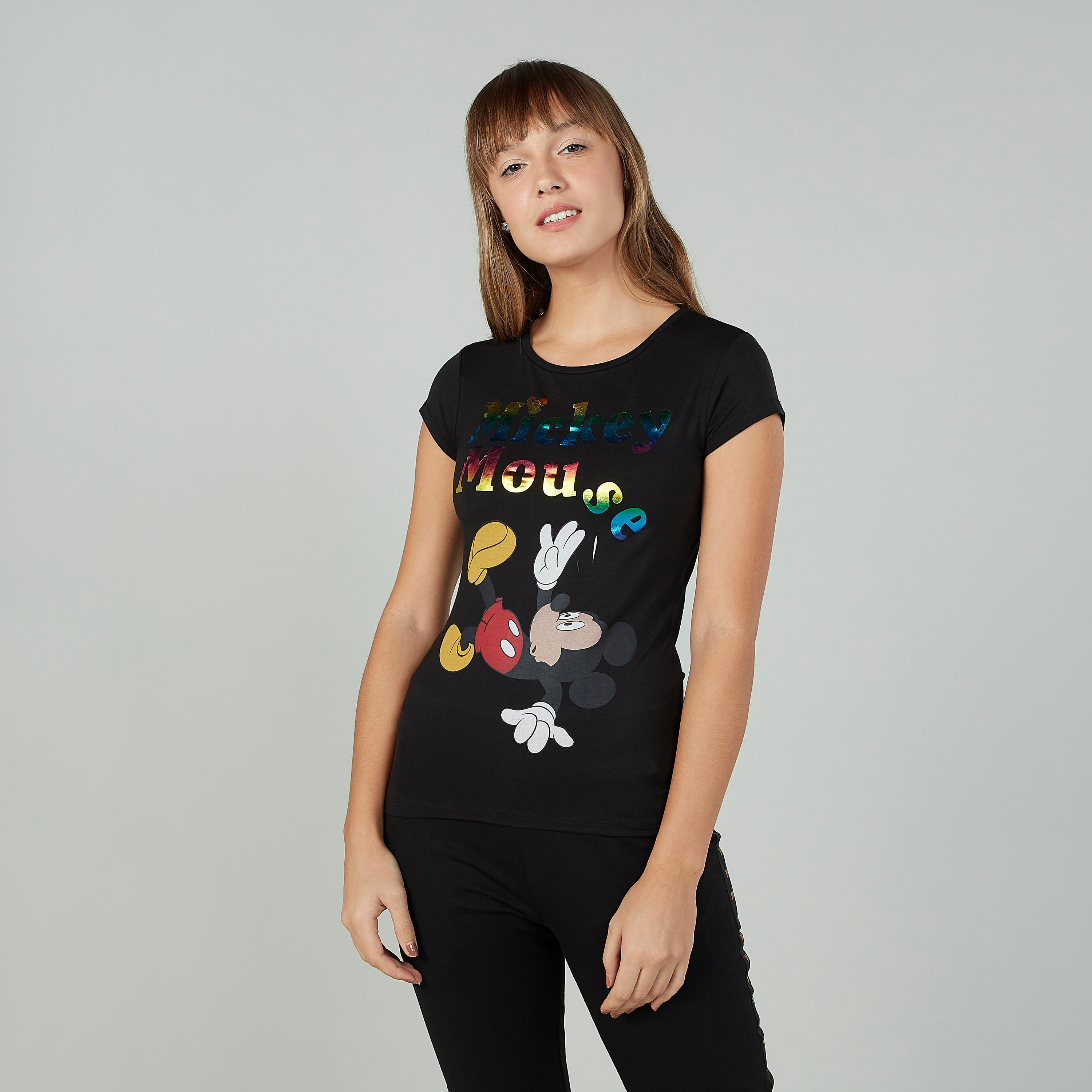 Skinny Fit Mickey Mouse Printed Round Neck T-shirt with Cap Sleeves-women-clothing-tshirts-image-1