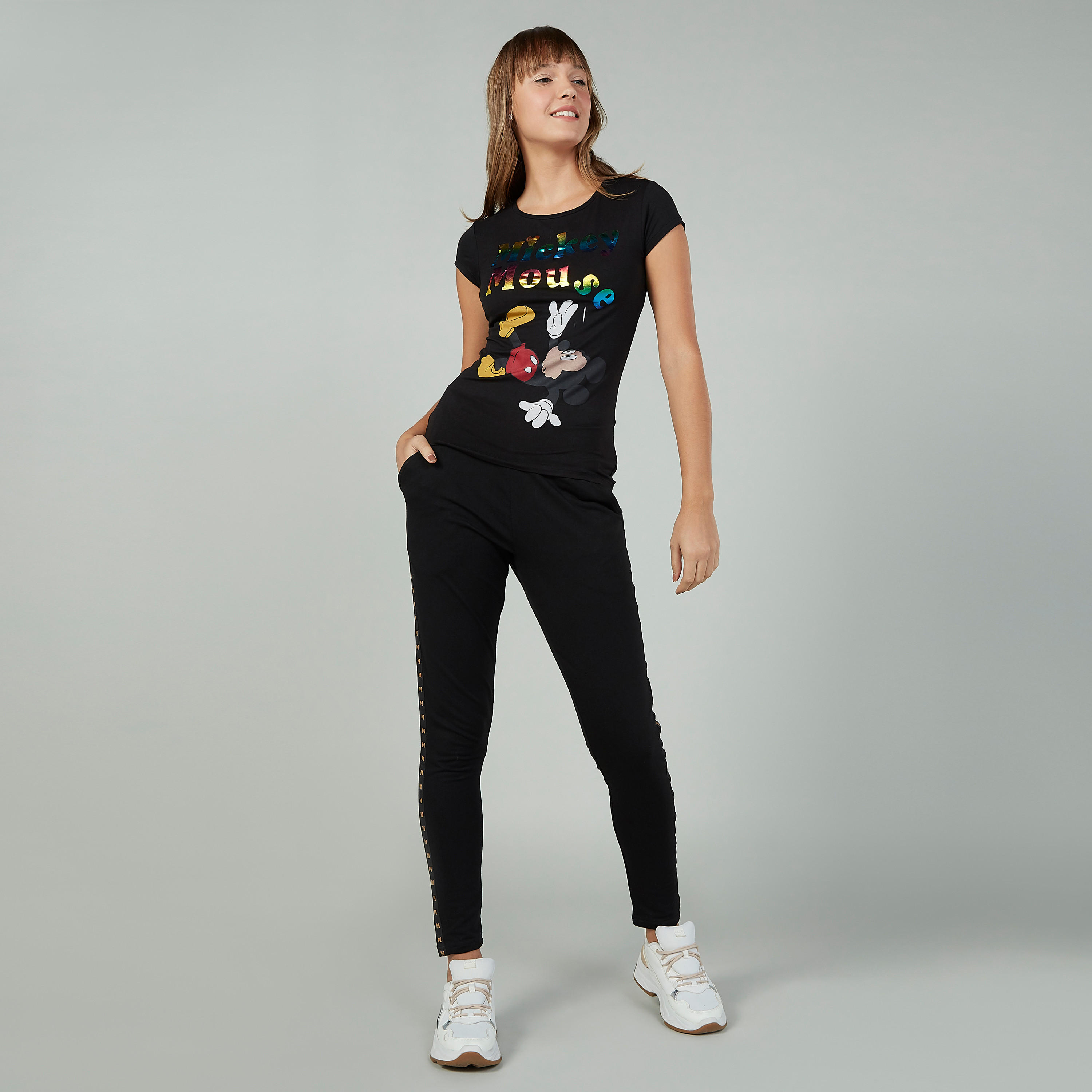 Skinny Fit Mickey Mouse Printed Round Neck T-shirt with Cap Sleeves-women-clothing-tshirts-image-2