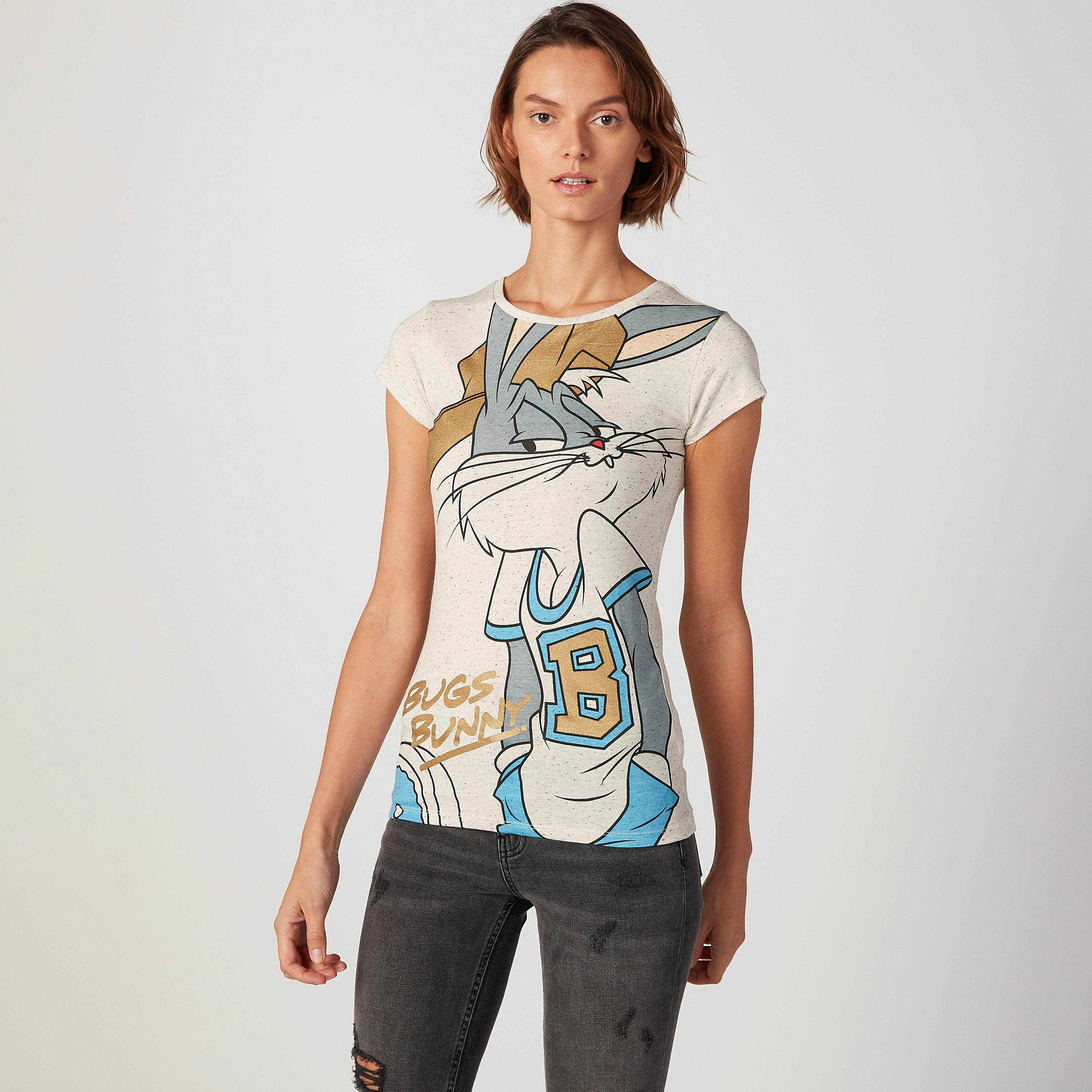 Skinny Fit Bugs Bunny Printed T-shirt with Round Neck and Cap Sleeves-women-clothing-tshirts-image-1
