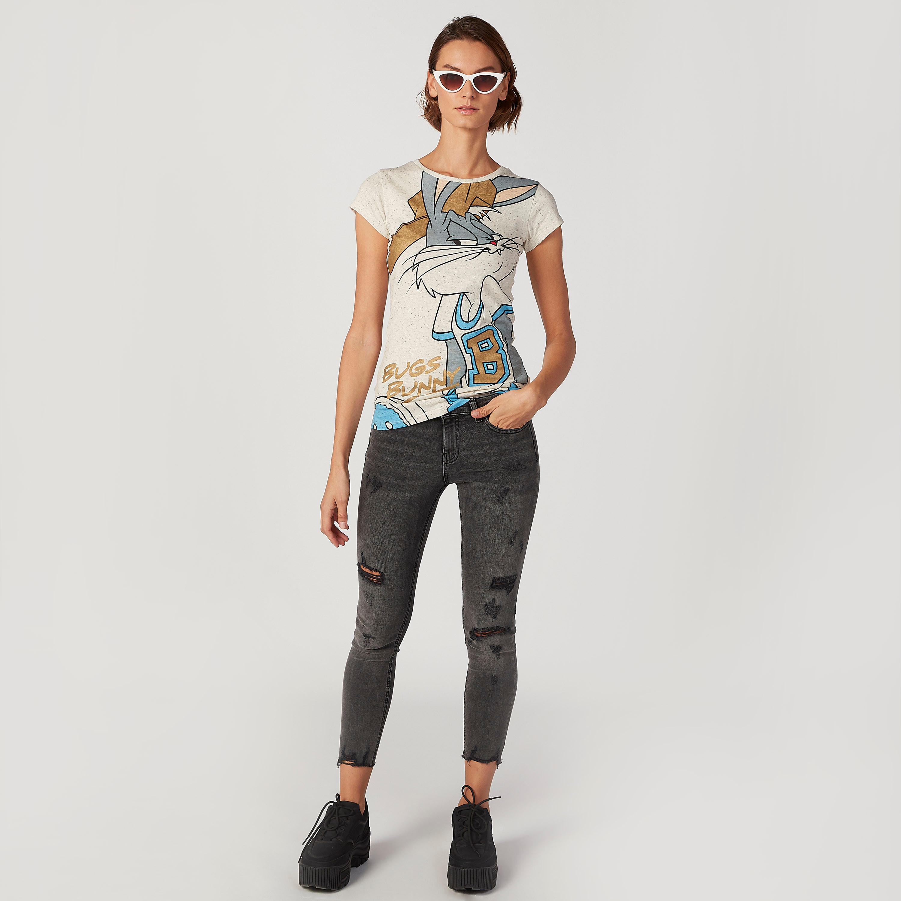 Skinny Fit Bugs Bunny Printed T-shirt with Round Neck and Cap Sleeves-women-clothing-tshirts-image-2