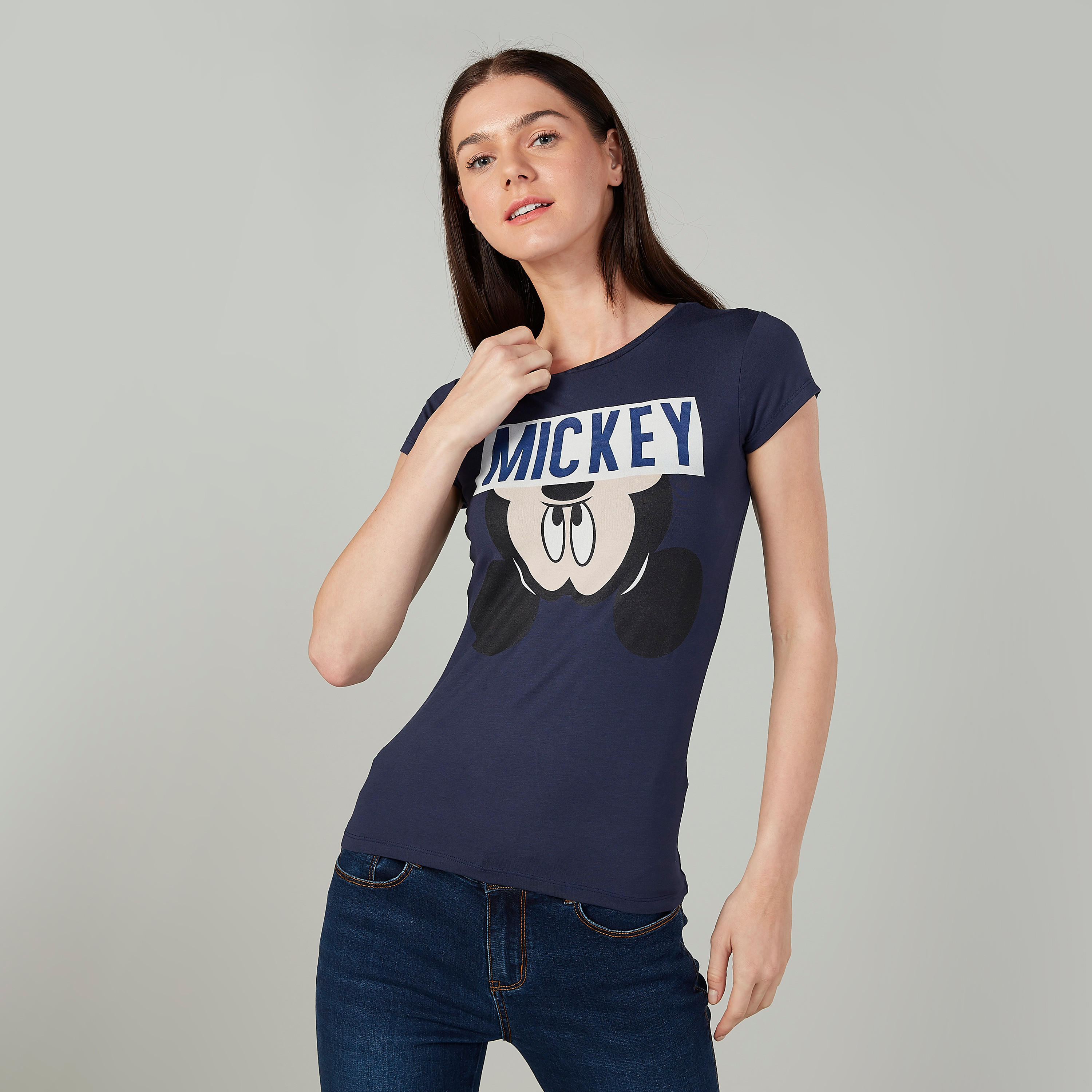 Skinny Fit Micket Mouse Printed Top with Cap Sleeves-women-clothing-tshirts-image-1