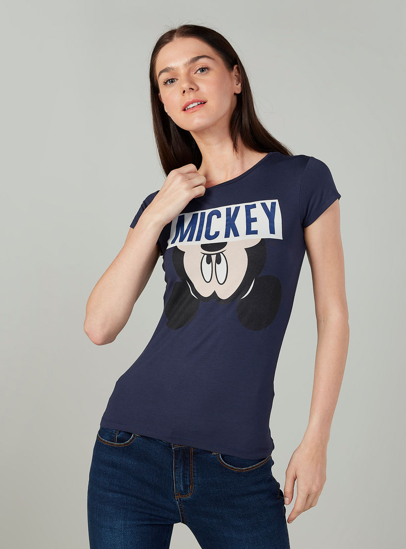 Skinny Fit Micket Mouse Printed Top with Cap Sleeves-women-clothing-tshirts-image-1