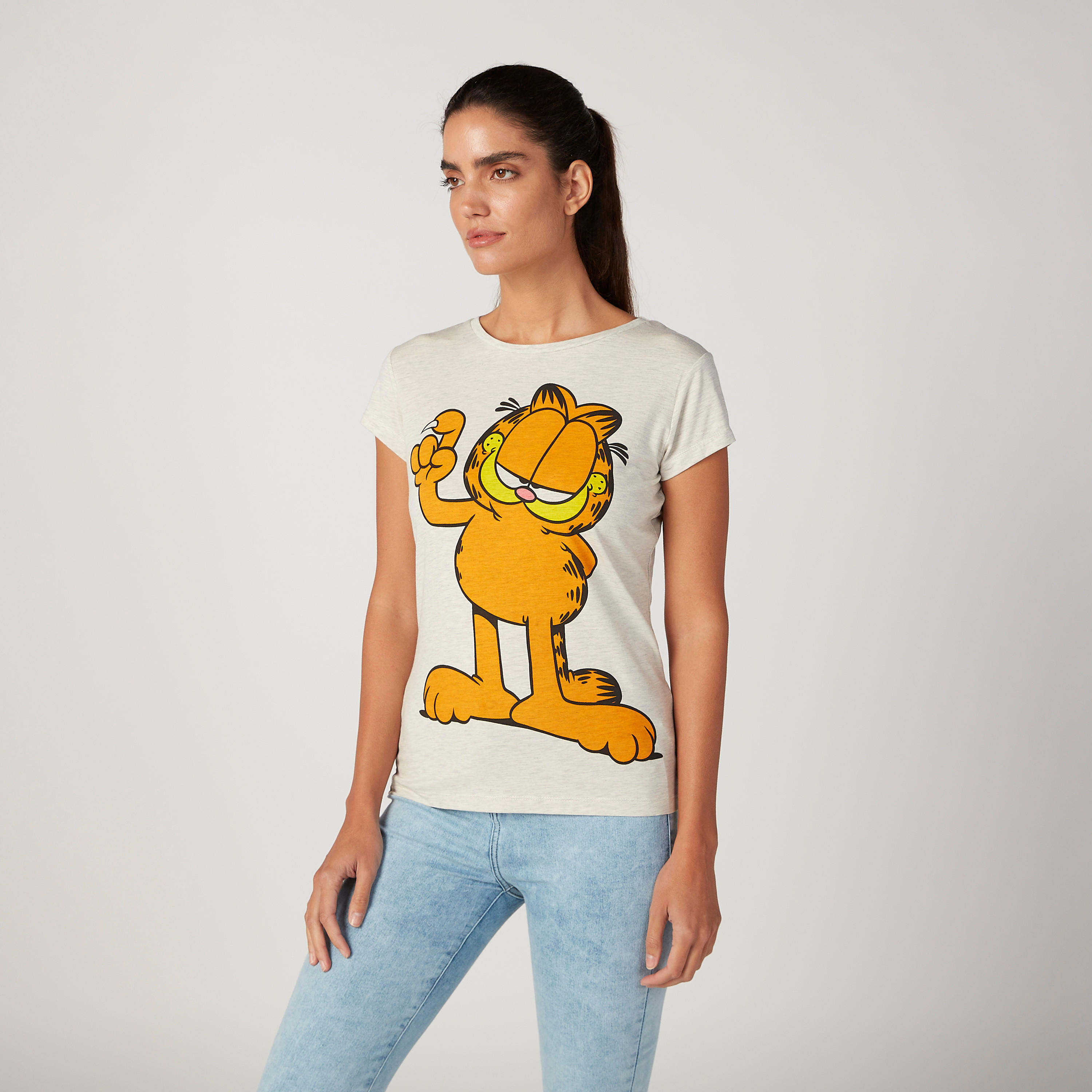 تيشيرت سكيني بياقة مستديرة وأكمام قصيرة وطبعات غارفيلد-women-clothing-tshirts-image-1
