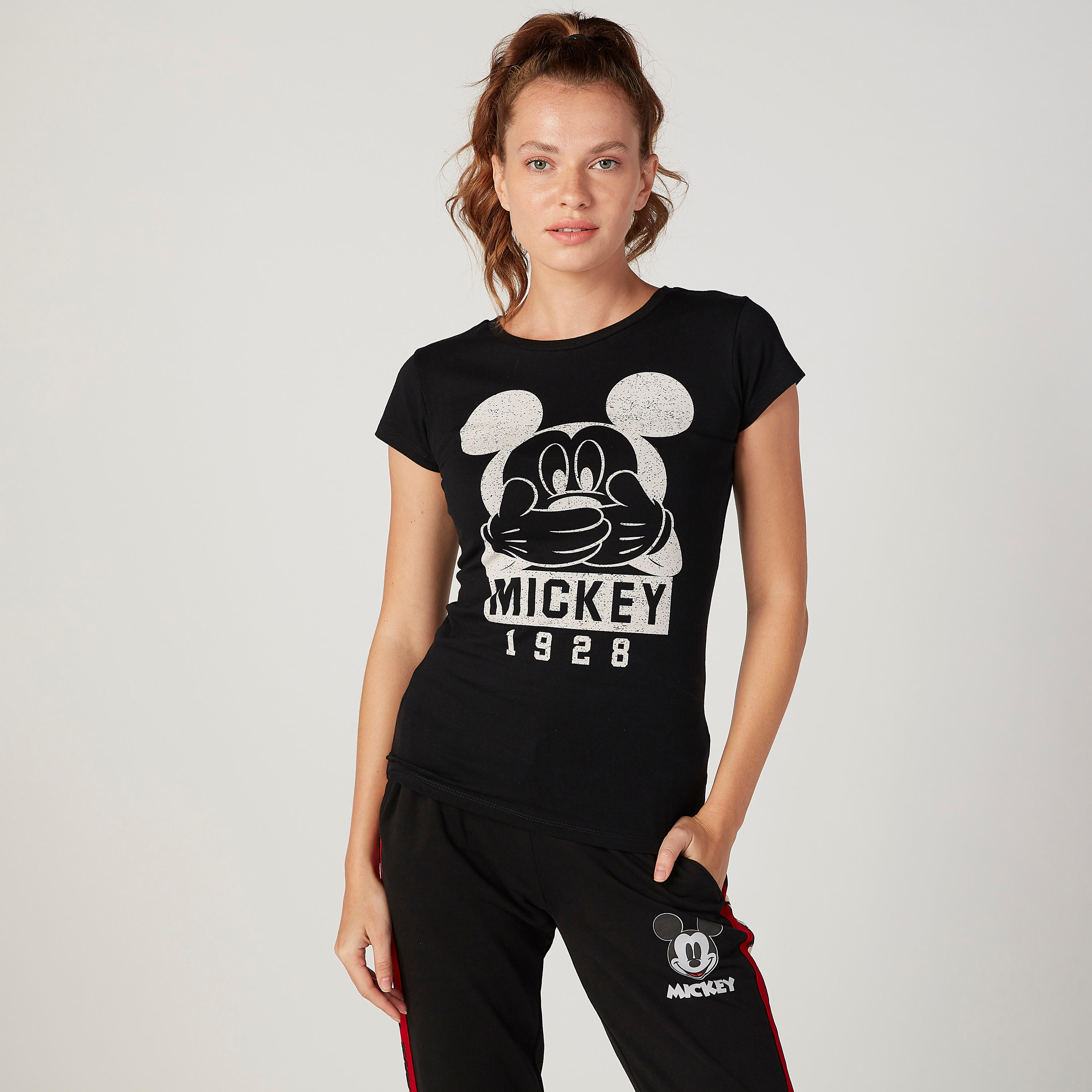Skinny Fit Mickey Mouse Printed Round Neck T-shirt with Cap Sleeves-women-clothing-tshirts-image-1
