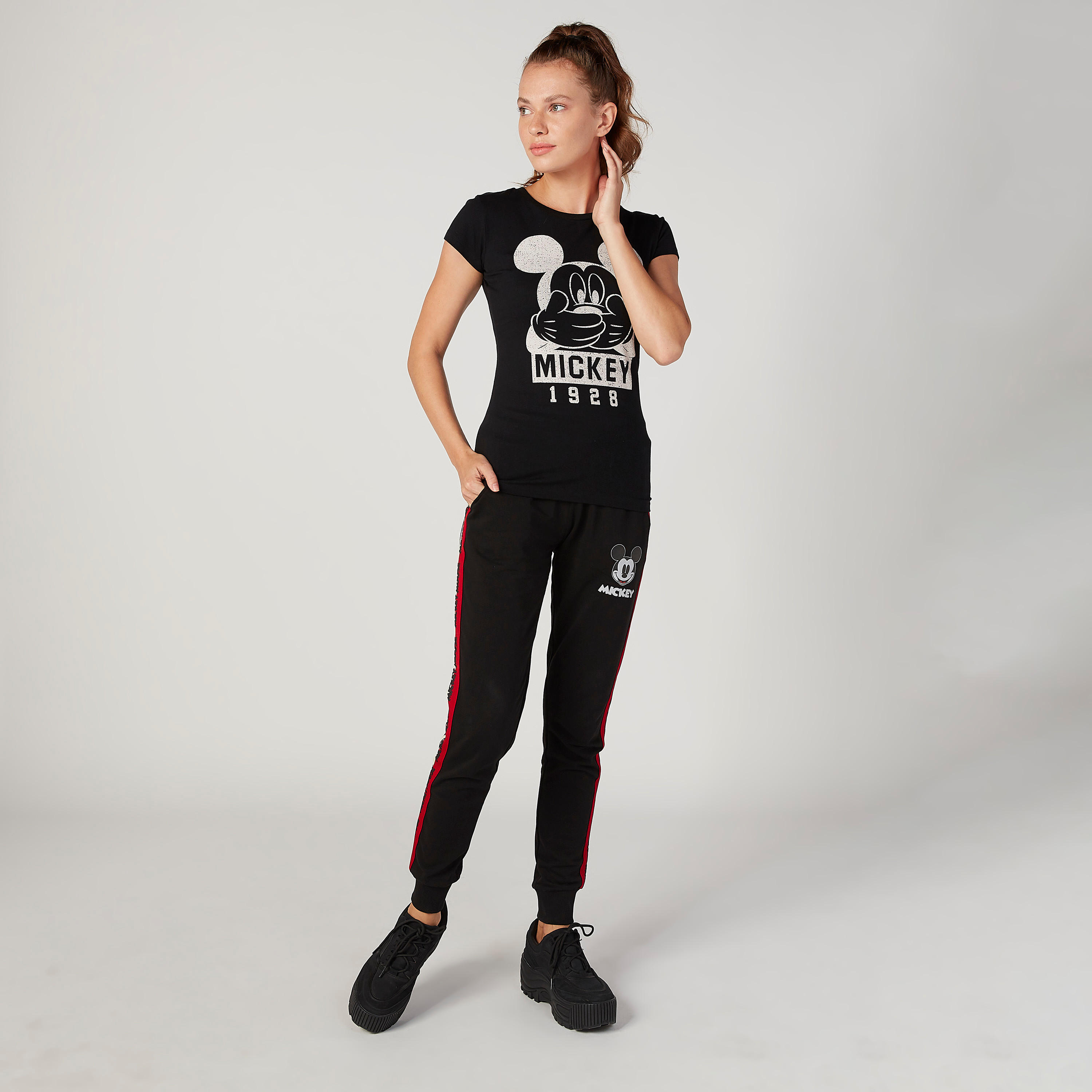 Skinny Fit Mickey Mouse Printed Round Neck T-shirt with Cap Sleeves-women-clothing-tshirts-image-2