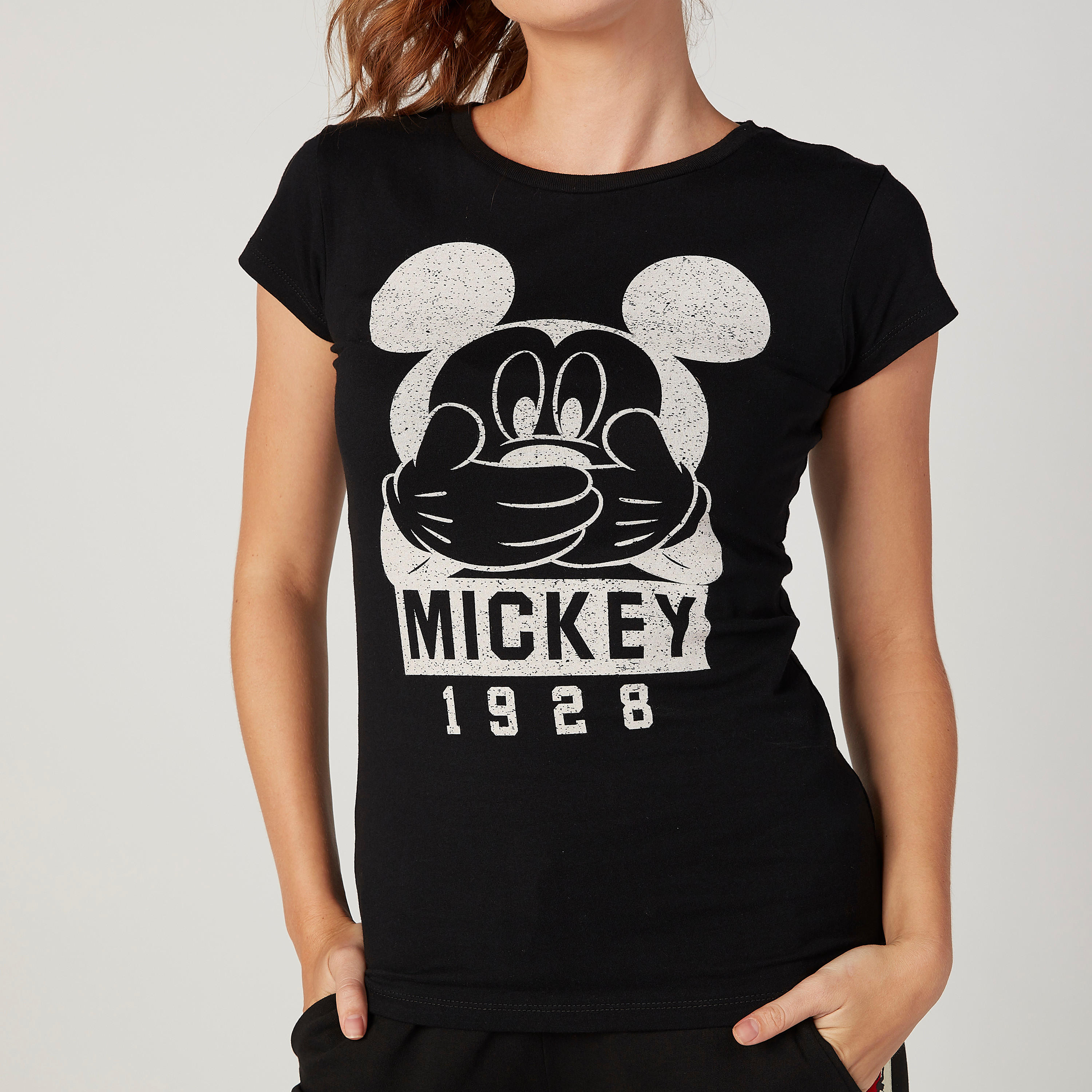 Skinny Fit Mickey Mouse Printed Round Neck T-shirt with Cap Sleeves-women-clothing-tshirts-image-3