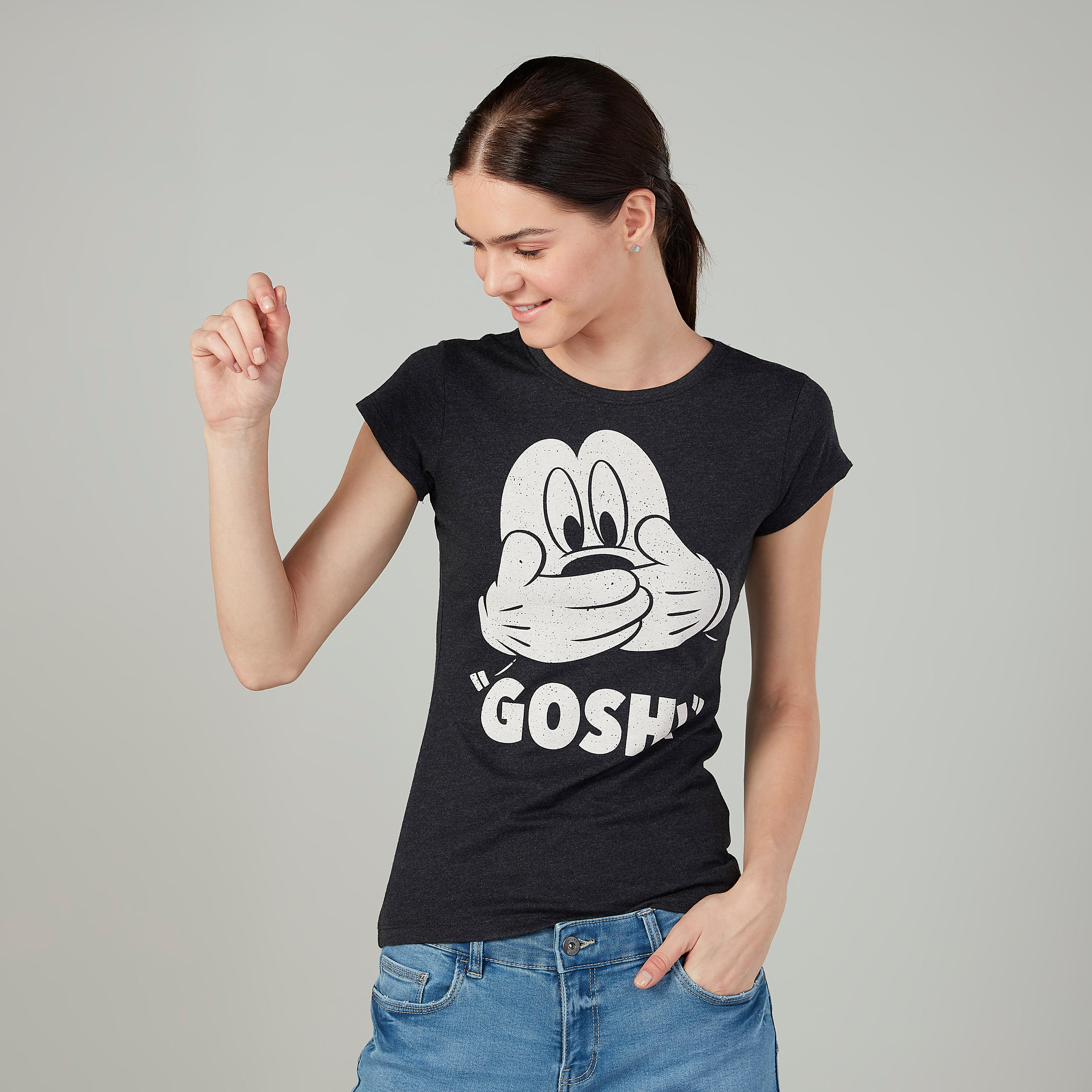 Skinny Fit Mickey Mouse Printed Round Neck T-shirt with Cap Sleeves-women-clothing-tshirts-image-1