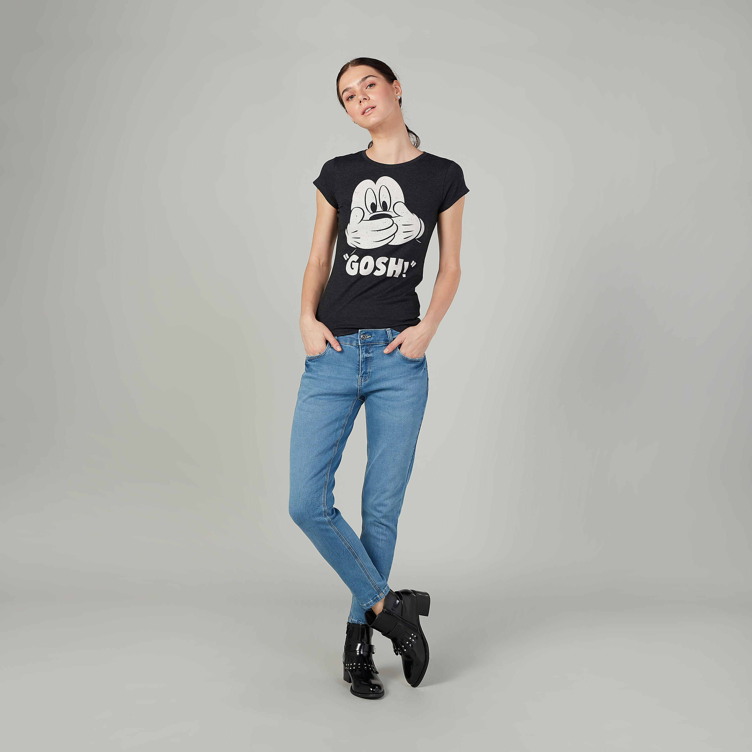 Skinny Fit Mickey Mouse Printed Round Neck T-shirt with Cap Sleeves-women-clothing-tshirts-image-2
