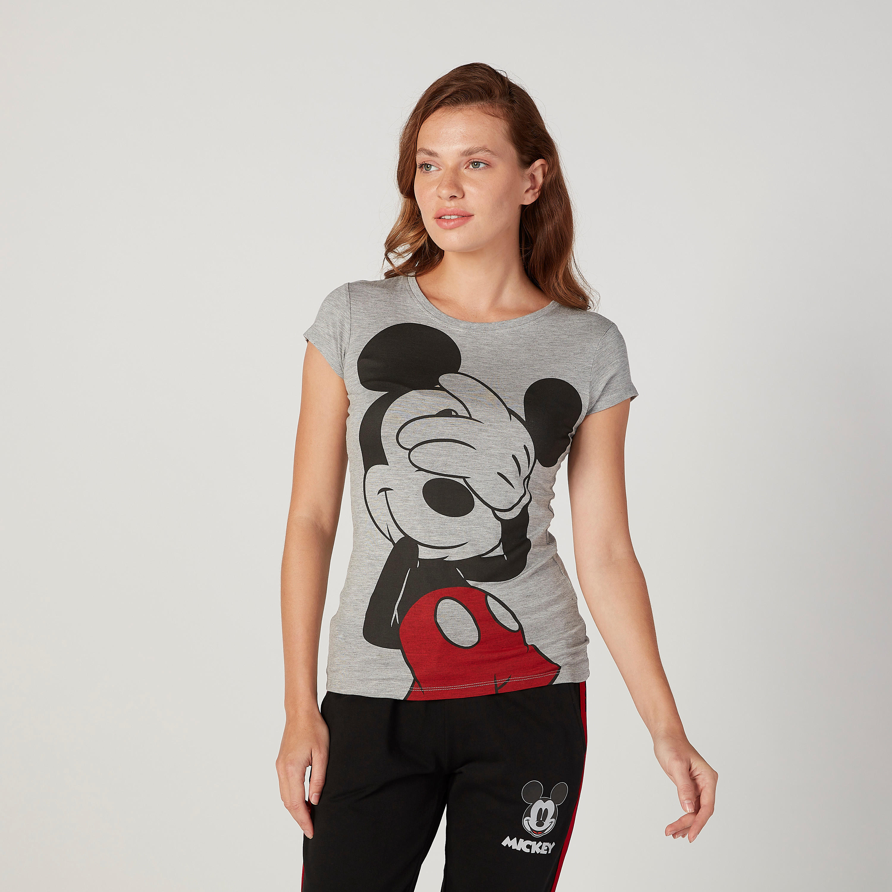 Skinny Fit Mickey Mouse Printed Round Neck T-shirt with Cap Sleeves-women-clothing-tshirts-image-1