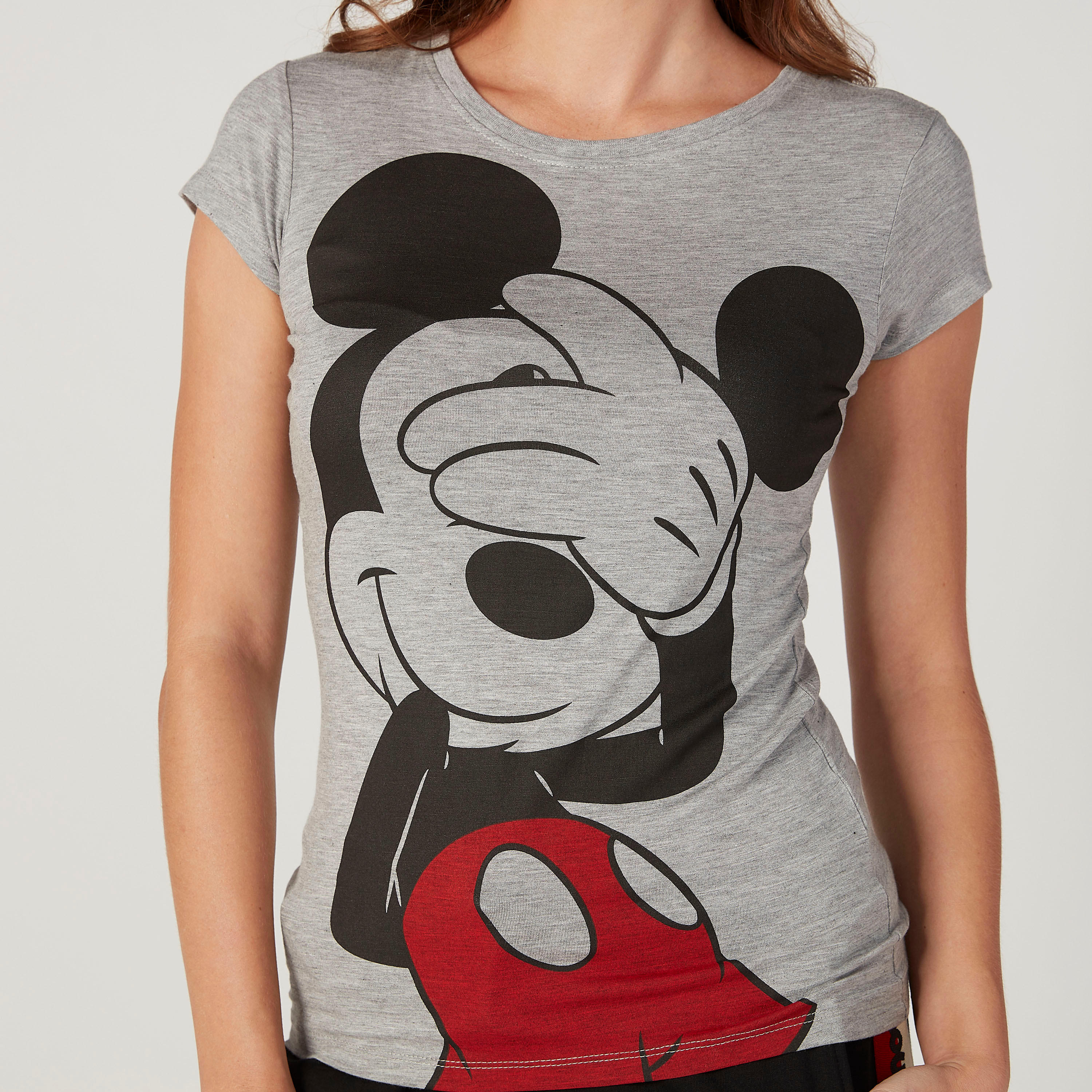 Skinny Fit Mickey Mouse Printed Round Neck T-shirt with Cap Sleeves-women-clothing-tshirts-image-3