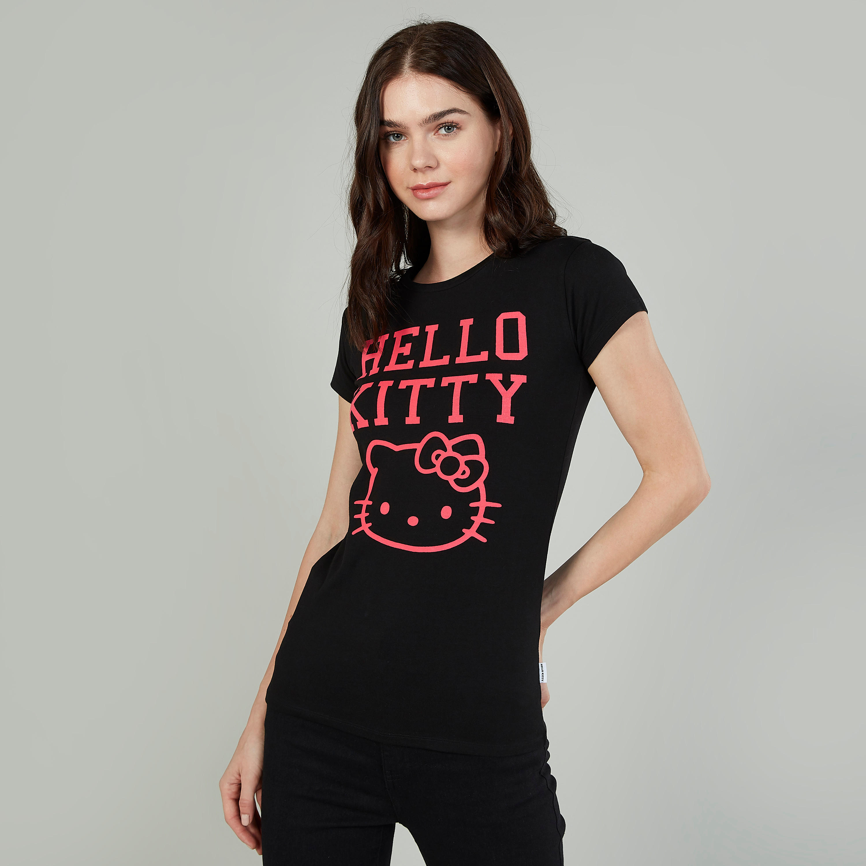 Hello Kitty Printed T-shirt with Crew Neck and Cap Sleeves-women-clothing-tshirts-image-1