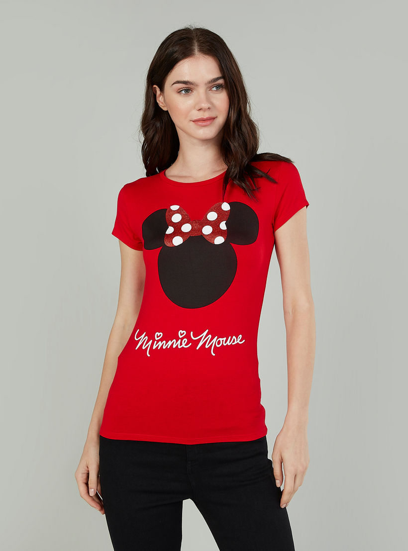 تيشيرت مستدام سكيني فيت بأكمام كاب وطبعات ميني ماوس-women-clothing-tshirts-image-1