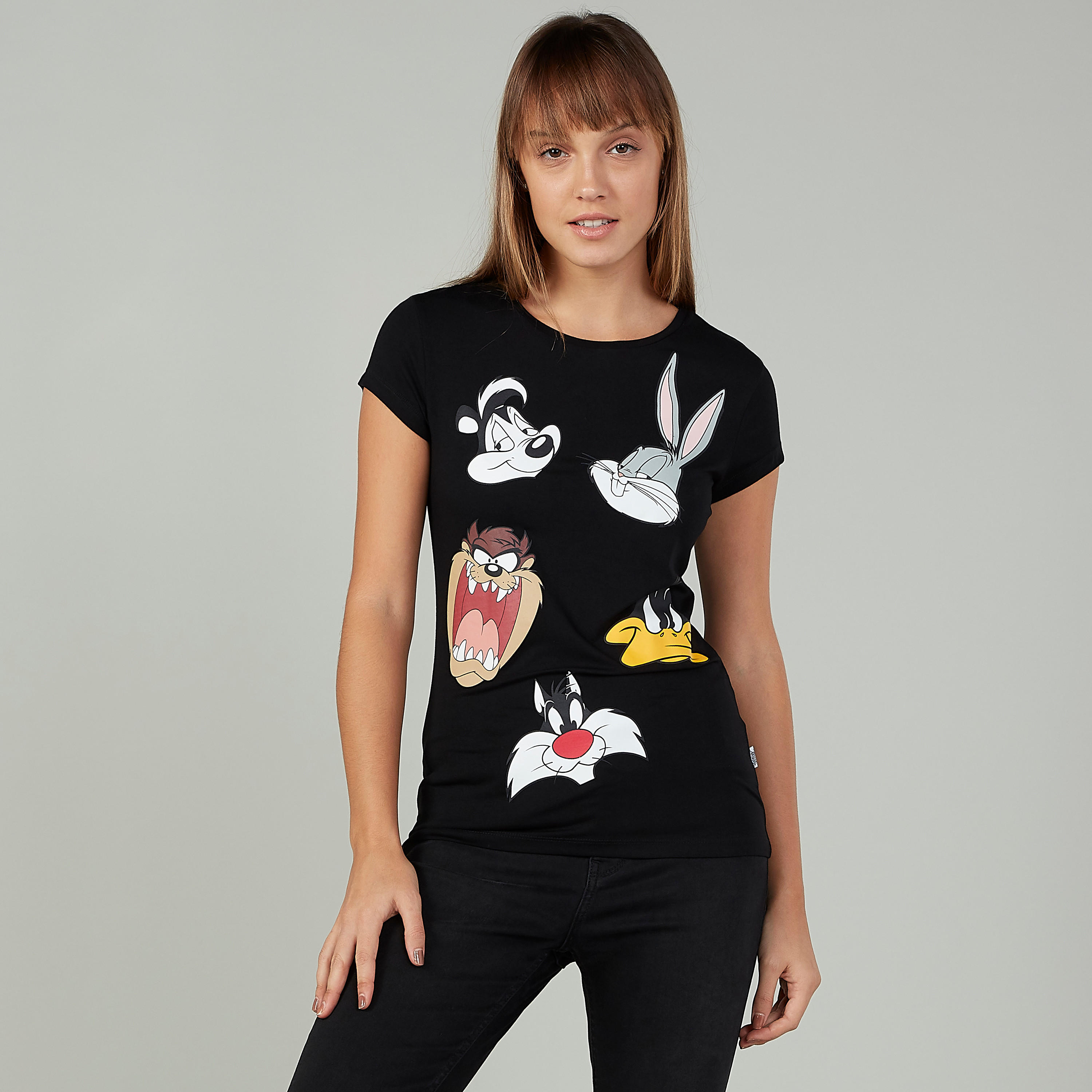 تيشيرت مستدام سكيني بياقة مستديرة وطبعات لوني تيونز-women-clothing-tshirts-image-1