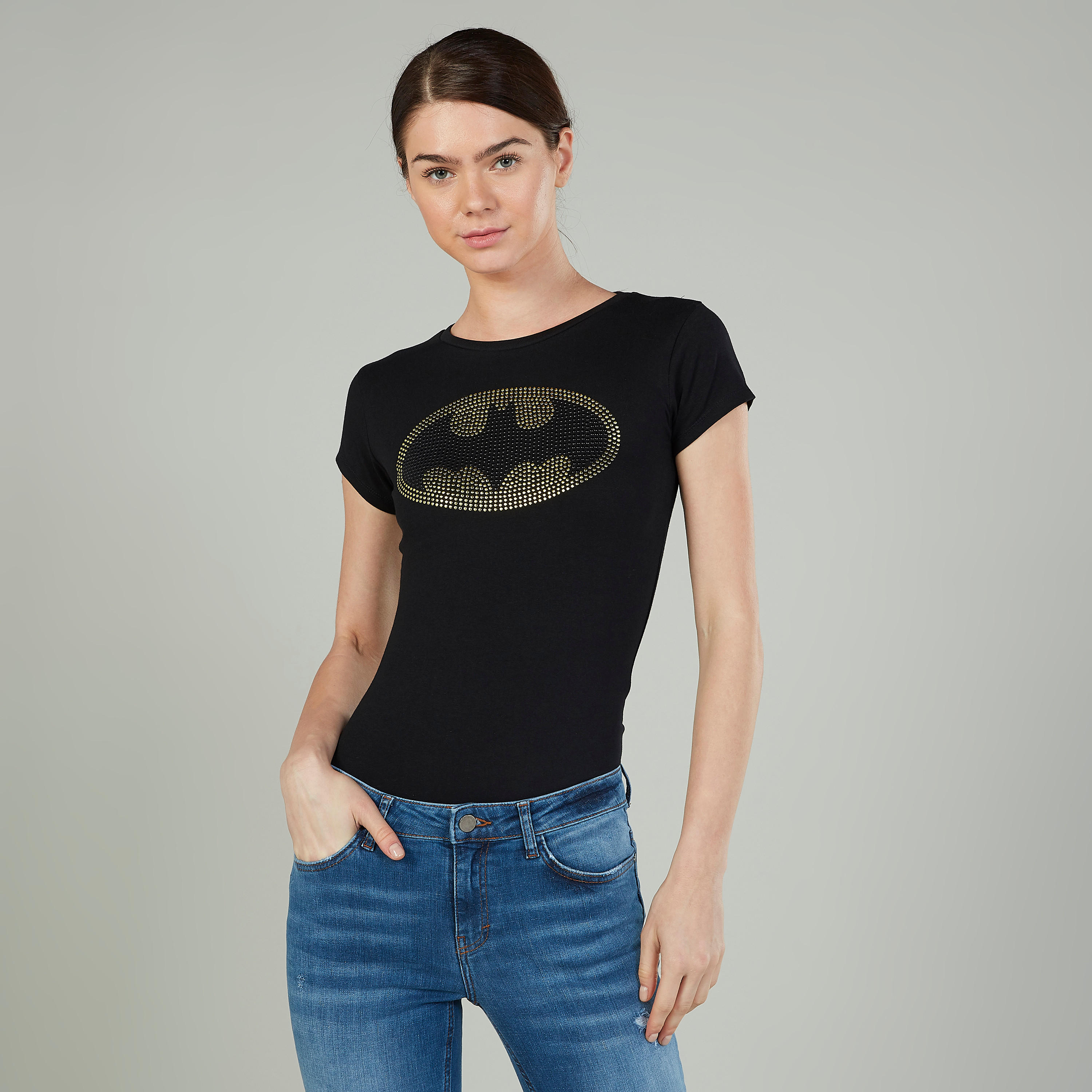 Batman Printed T-shirt with Crew Neck and Cap Sleeves-women-clothing-tshirts-image-1