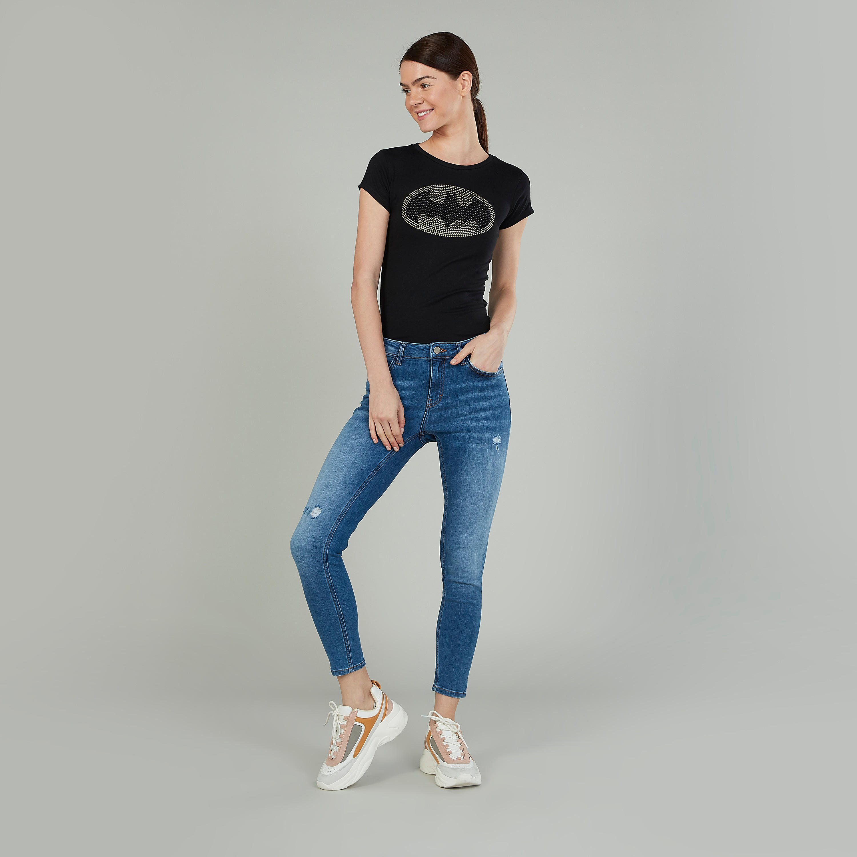 Batman Printed T-shirt with Crew Neck and Cap Sleeves-women-clothing-tshirts-image-2