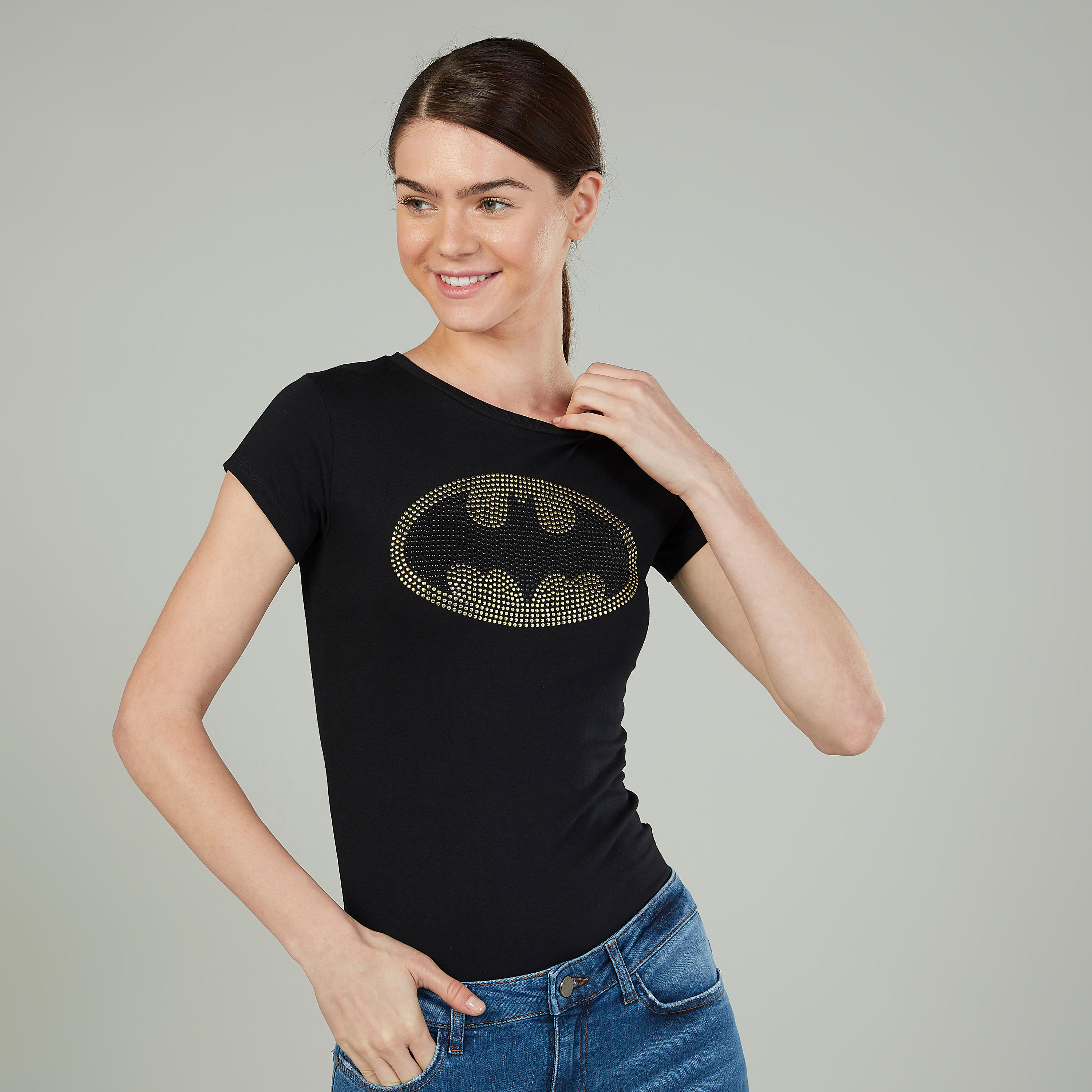 Batman Printed T-shirt with Crew Neck and Cap Sleeves-women-clothing-tshirts-image-3