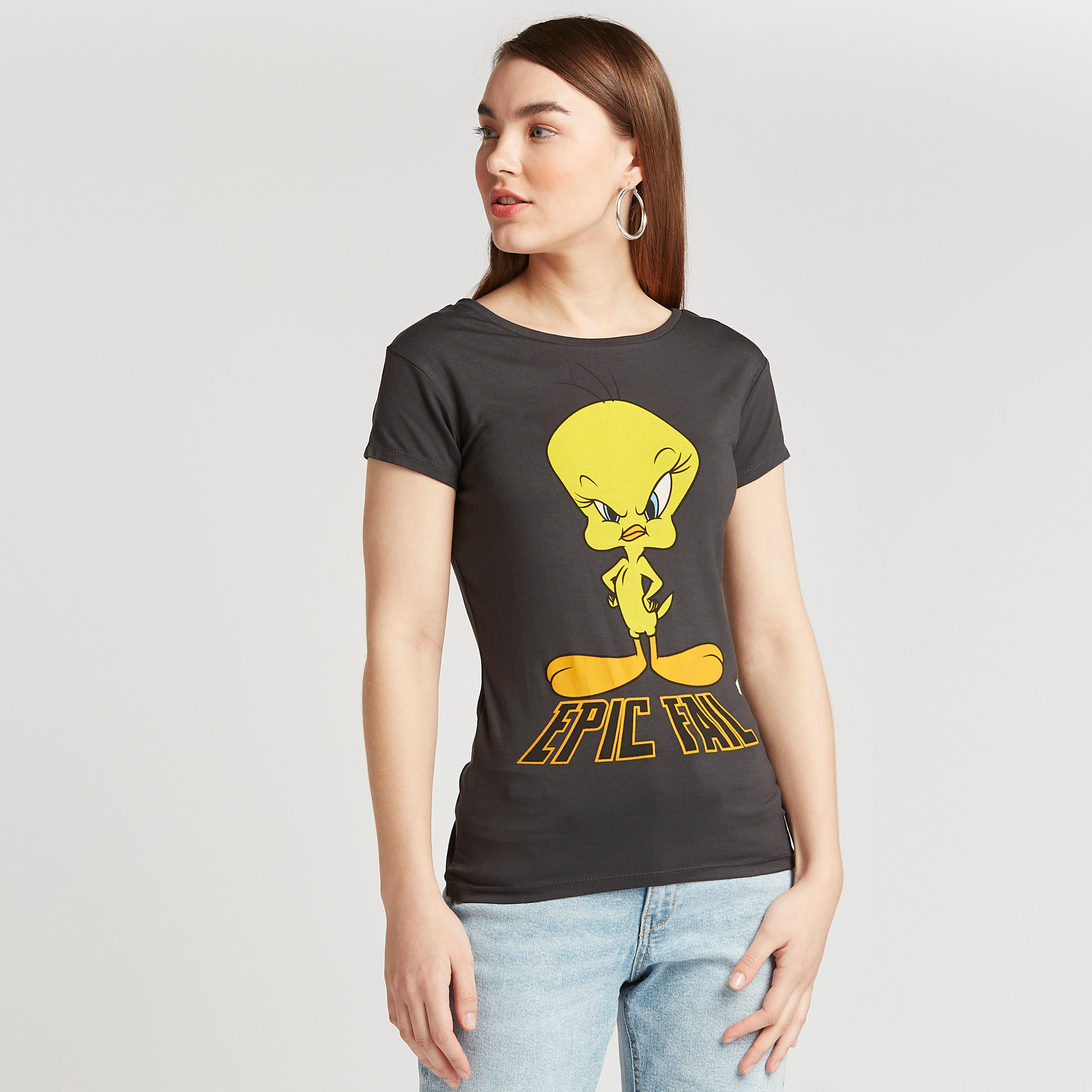 Sustainable Skinny Fit Tweety Print T-shirt with Round Neck-women-clothing-tshirts-image-2