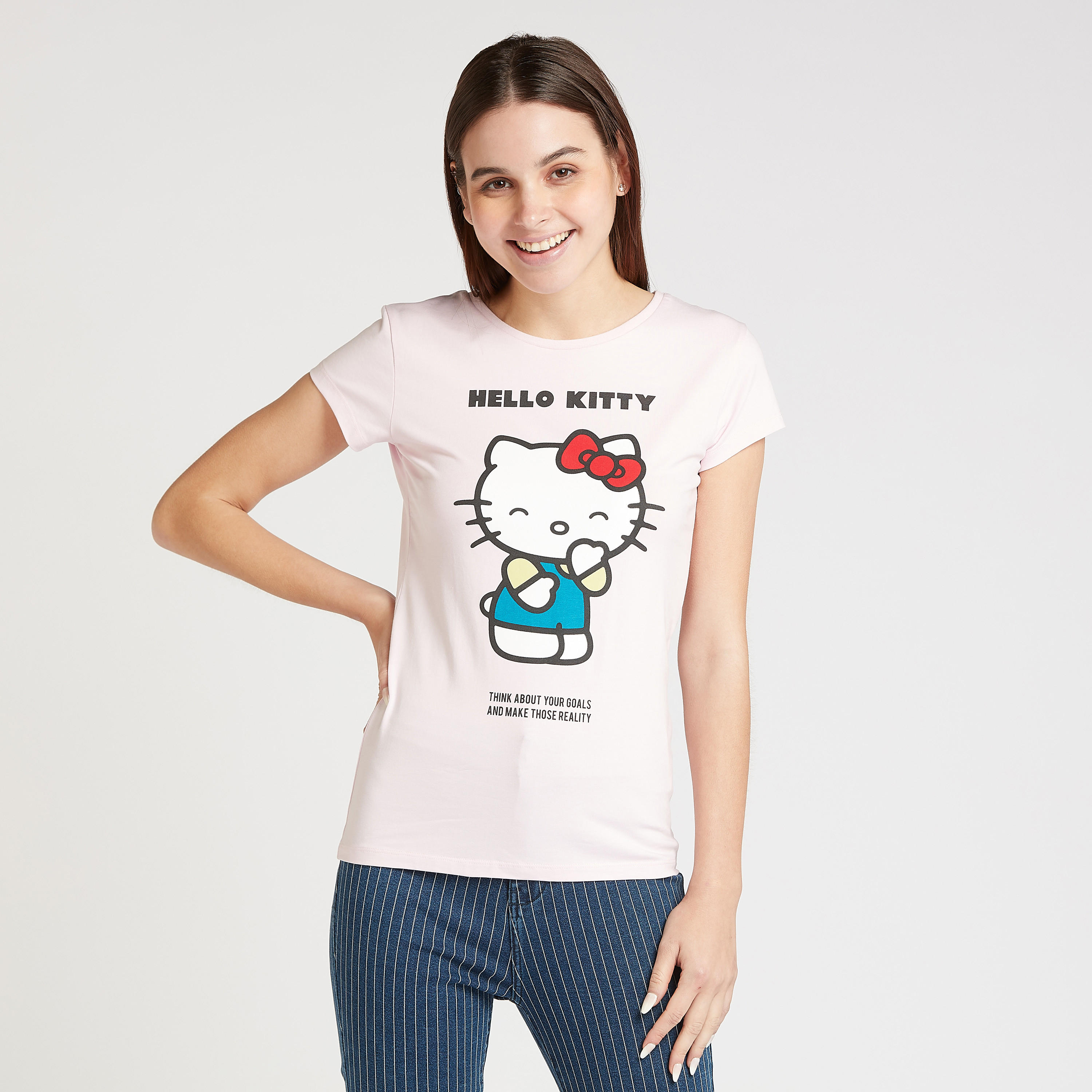 تيشيرت سكيني بياقة مستديرة وأكمام قصيرة وطبعات هالو كيتي-women-clothing-tshirts-image-1