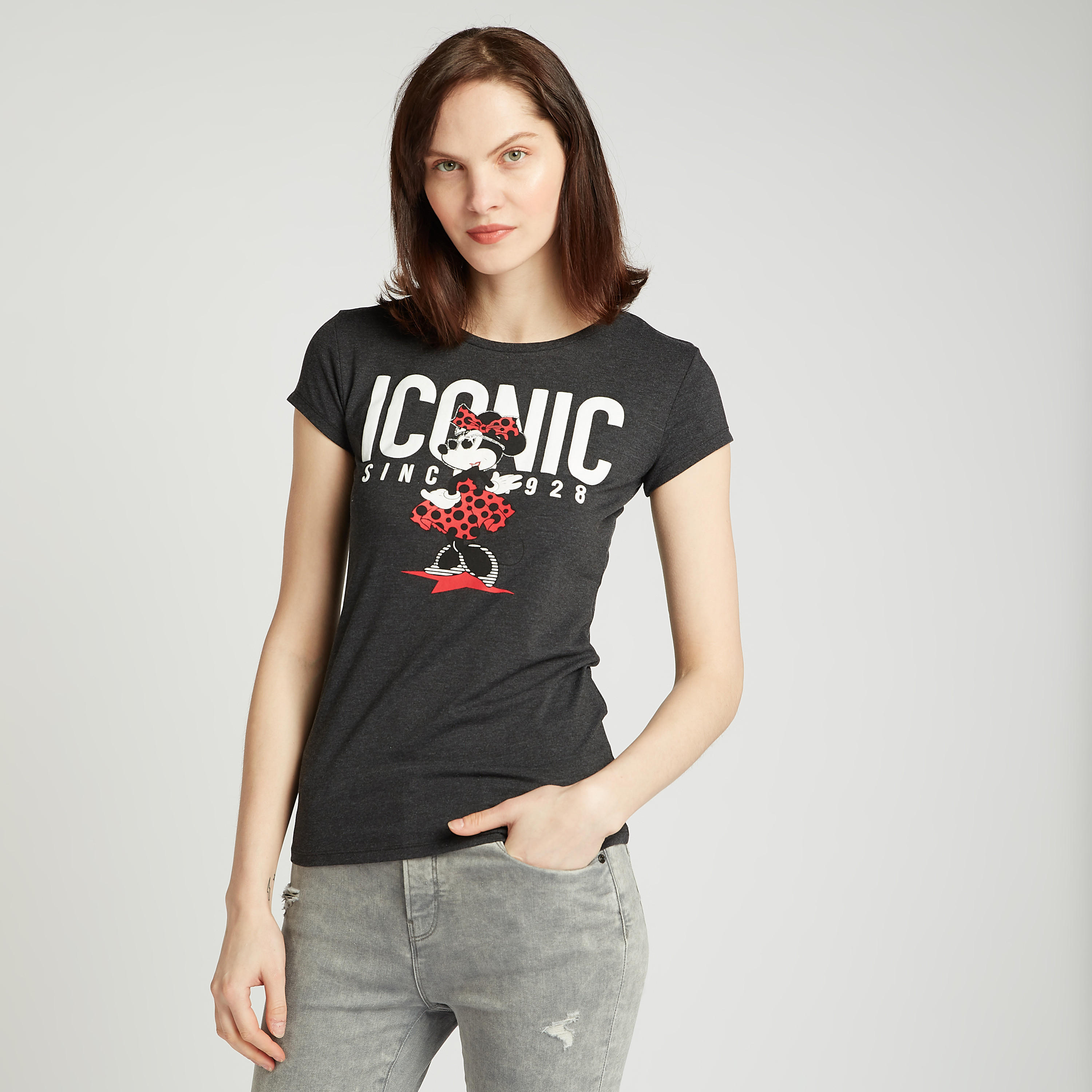 تيشيرت سكيني بياقة ضيّقة وأكمام كاب وطبعات ميني ماوس-women-clothing-tshirts-image-1