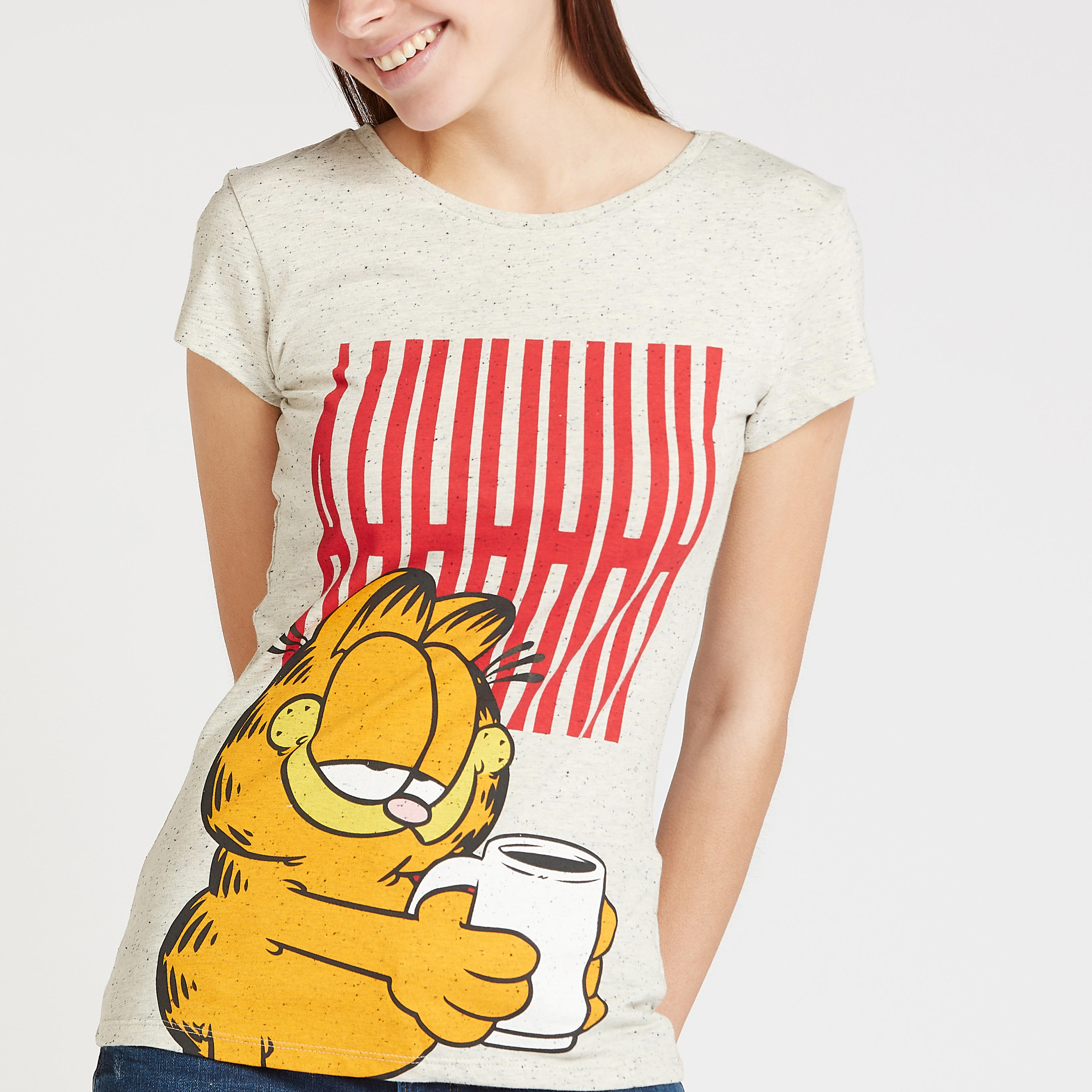 تيشيرت سكيني بياقة مستديرة وأكمام كاب وطبعات جارفيلد-women-clothing-tshirts-image-3