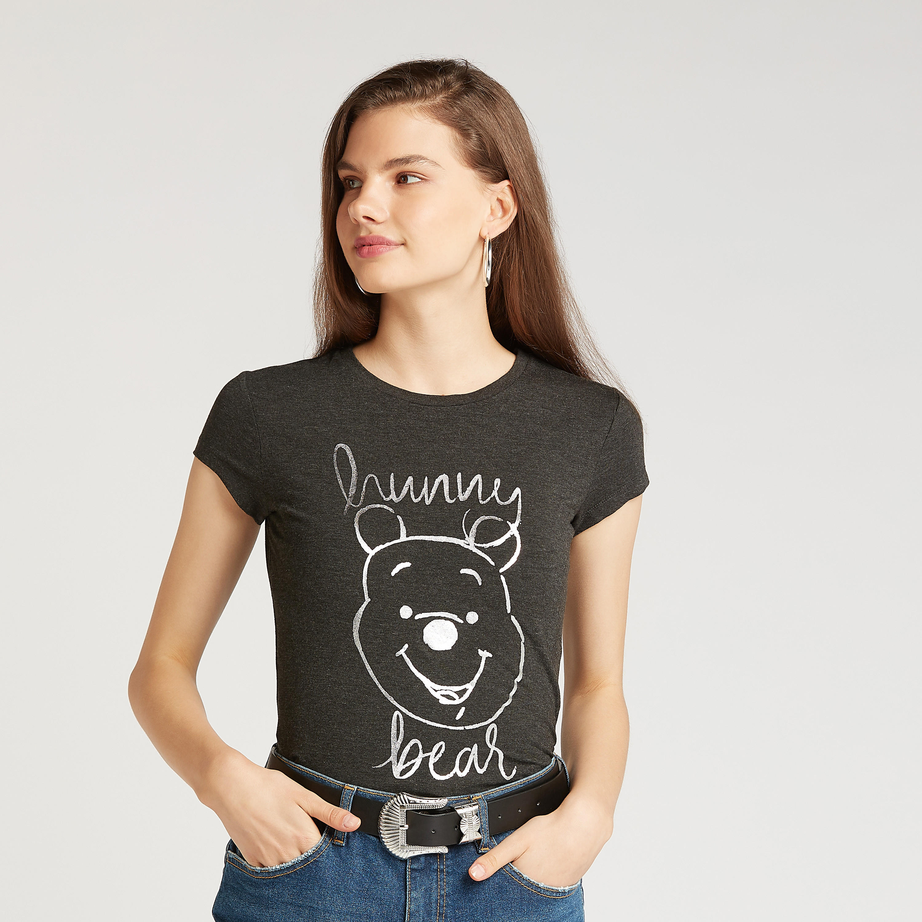 Skinny Fit Winnie-the-Pooh Print Crew Neck T-shirt with Cap Sleeves-women-clothing-tshirts-image-1