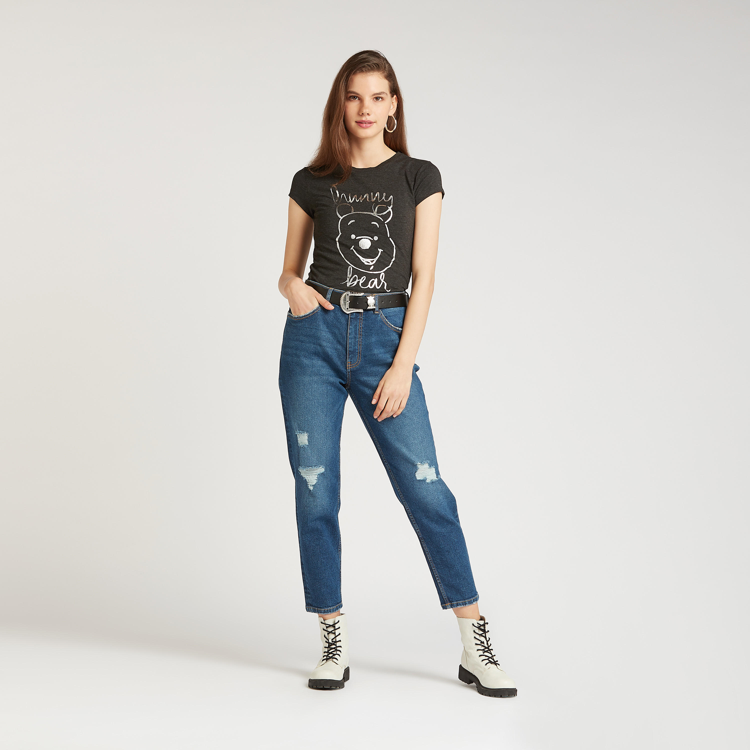 Skinny Fit Winnie-the-Pooh Print Crew Neck T-shirt with Cap Sleeves-women-clothing-tshirts-image-2