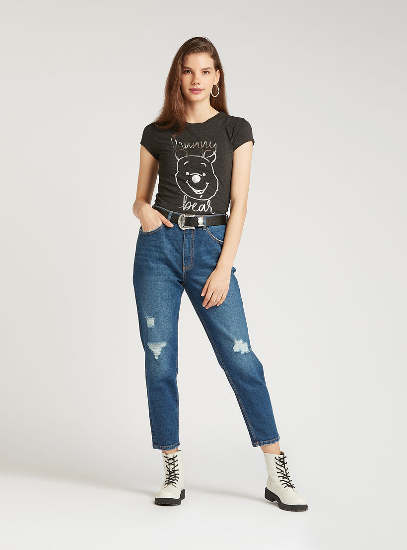 Skinny Fit Winnie-the-Pooh Print Crew Neck T-shirt with Cap Sleeves-women-clothing-tshirts-image-2