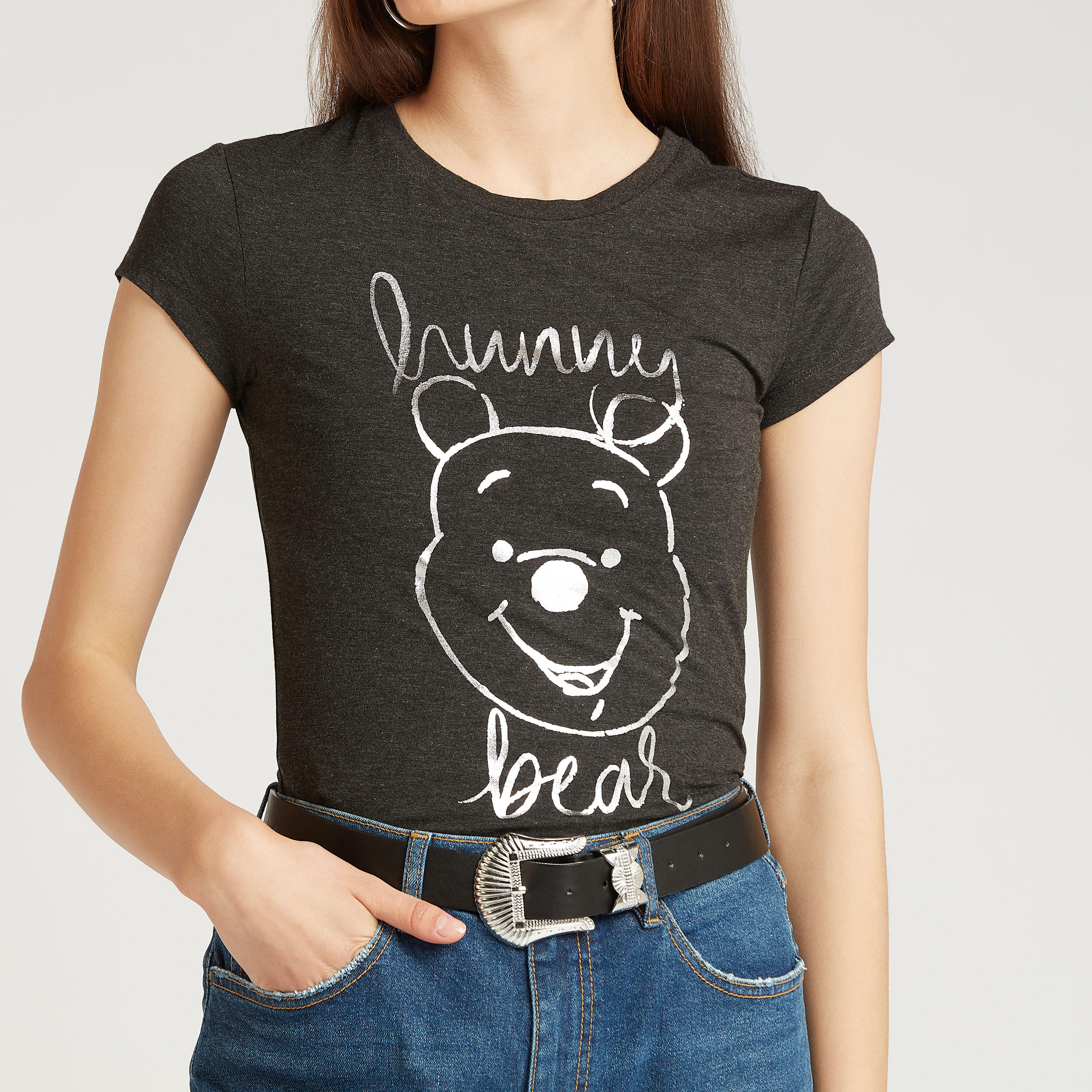Skinny Fit Winnie-the-Pooh Print Crew Neck T-shirt with Cap Sleeves-women-clothing-tshirts-image-3