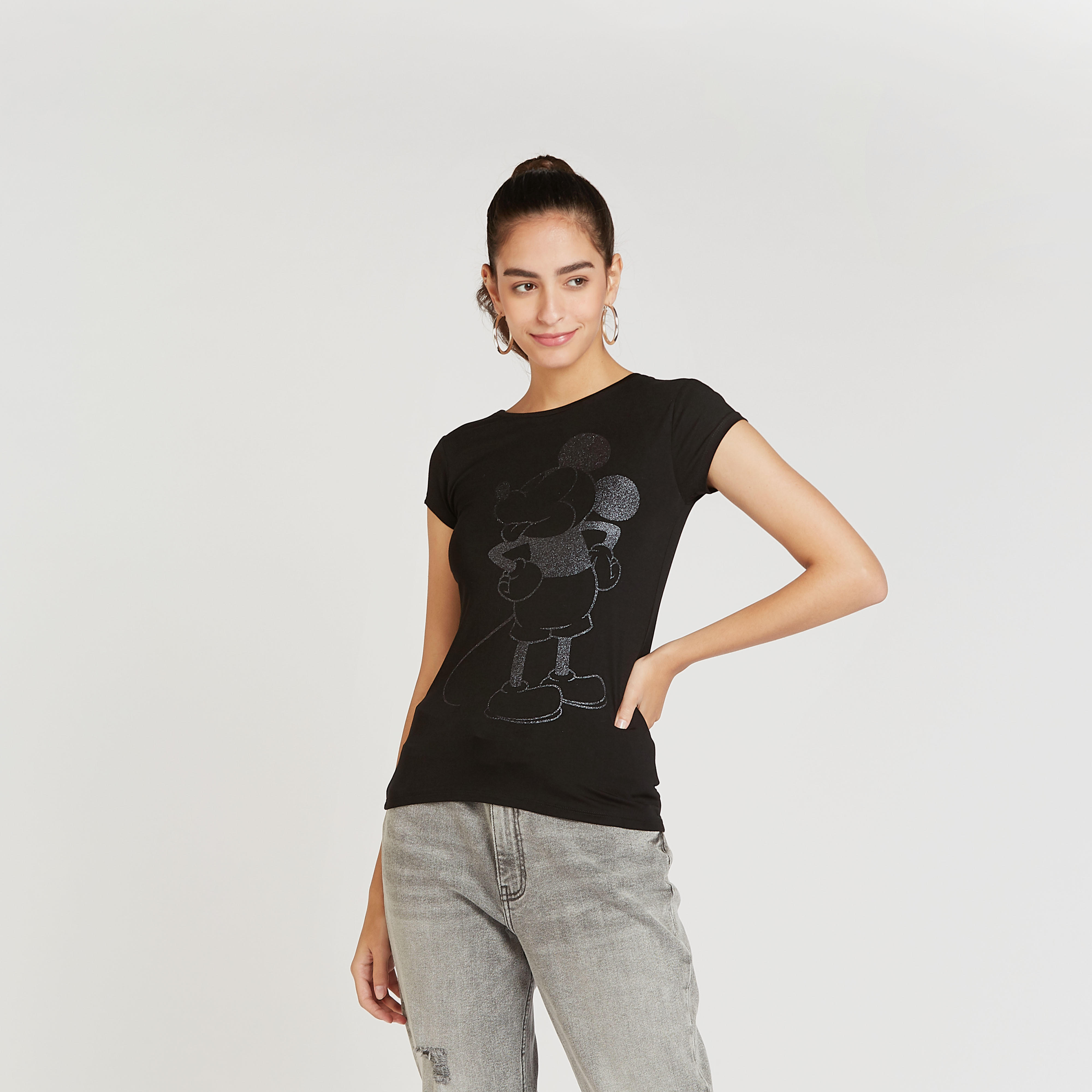 Mickey Mouse Print T-shirt with Crew Neck and Cap Sleeves-women-clothing-tshirts-image-1