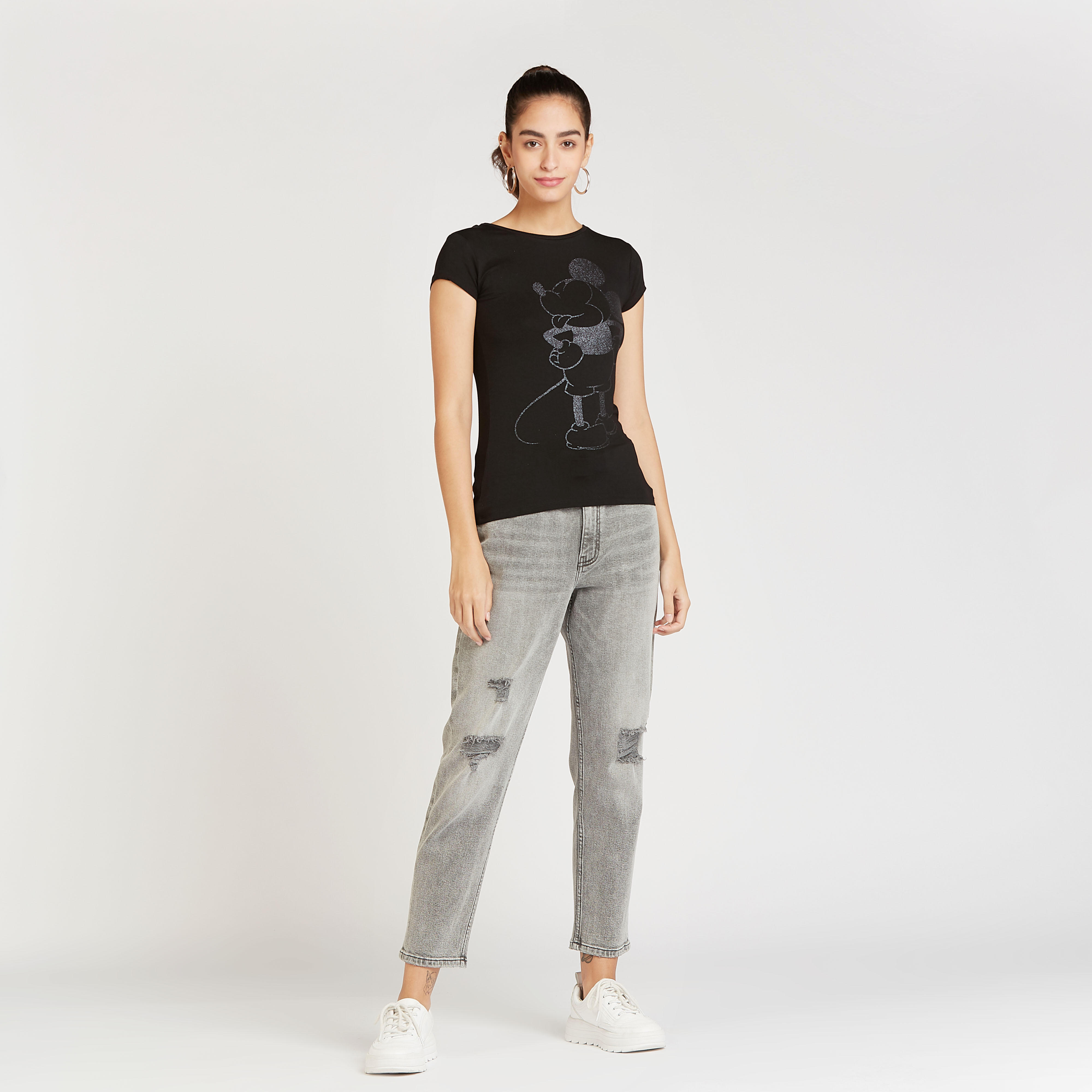 Mickey Mouse Print T-shirt with Crew Neck and Cap Sleeves-women-clothing-tshirts-image-2