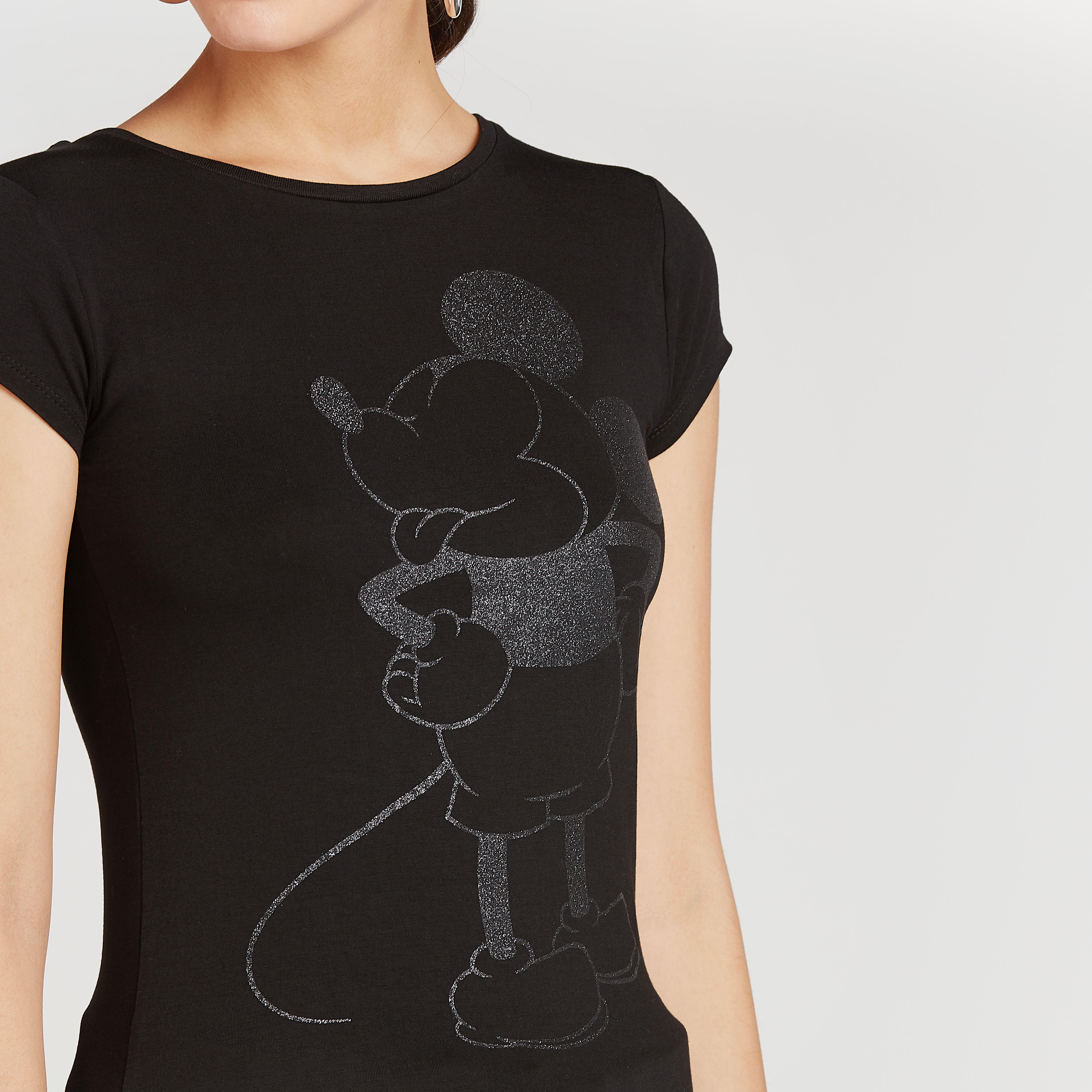 Mickey Mouse Print T-shirt with Crew Neck and Cap Sleeves-women-clothing-tshirts-image-3