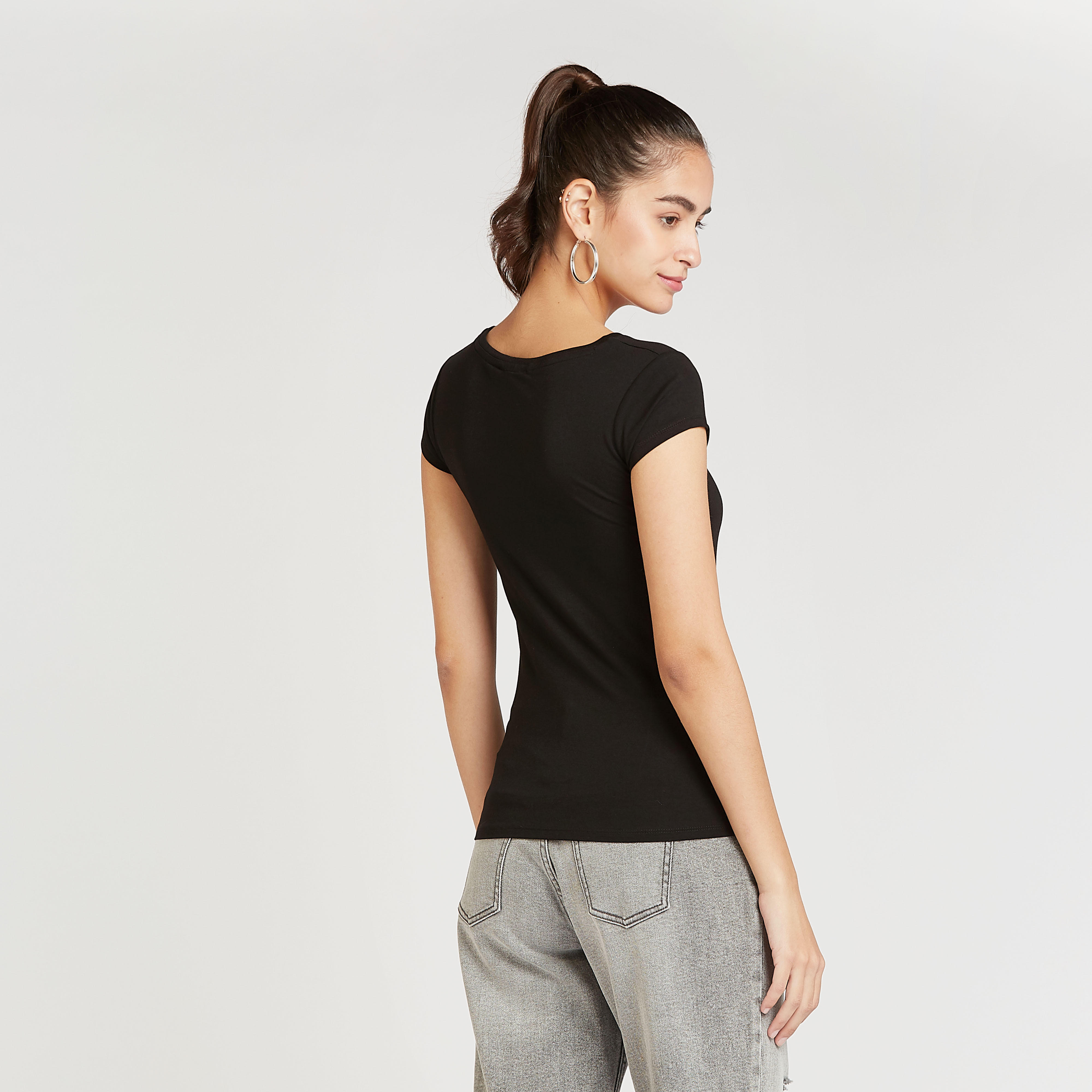 Mickey Mouse Print T-shirt with Crew Neck and Cap Sleeves-women-clothing-tshirts-image-4