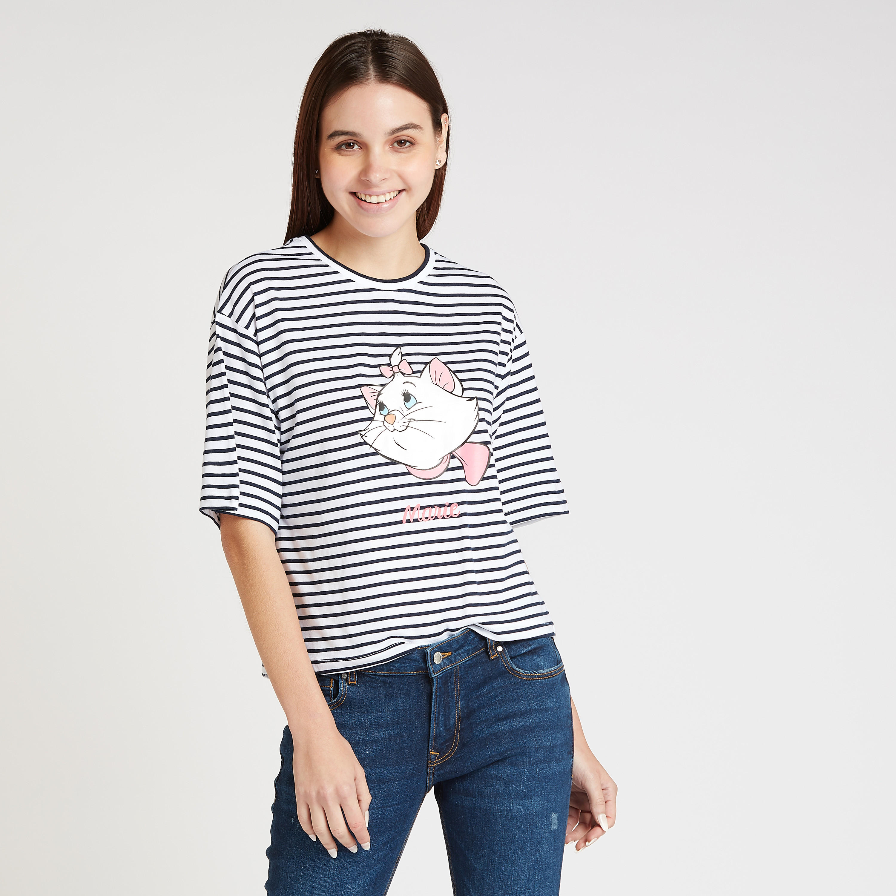تيشيرت بطبعات ماري وياقة ضيّقة وأكمام منسدلة-women-clothing-tshirts-image-1