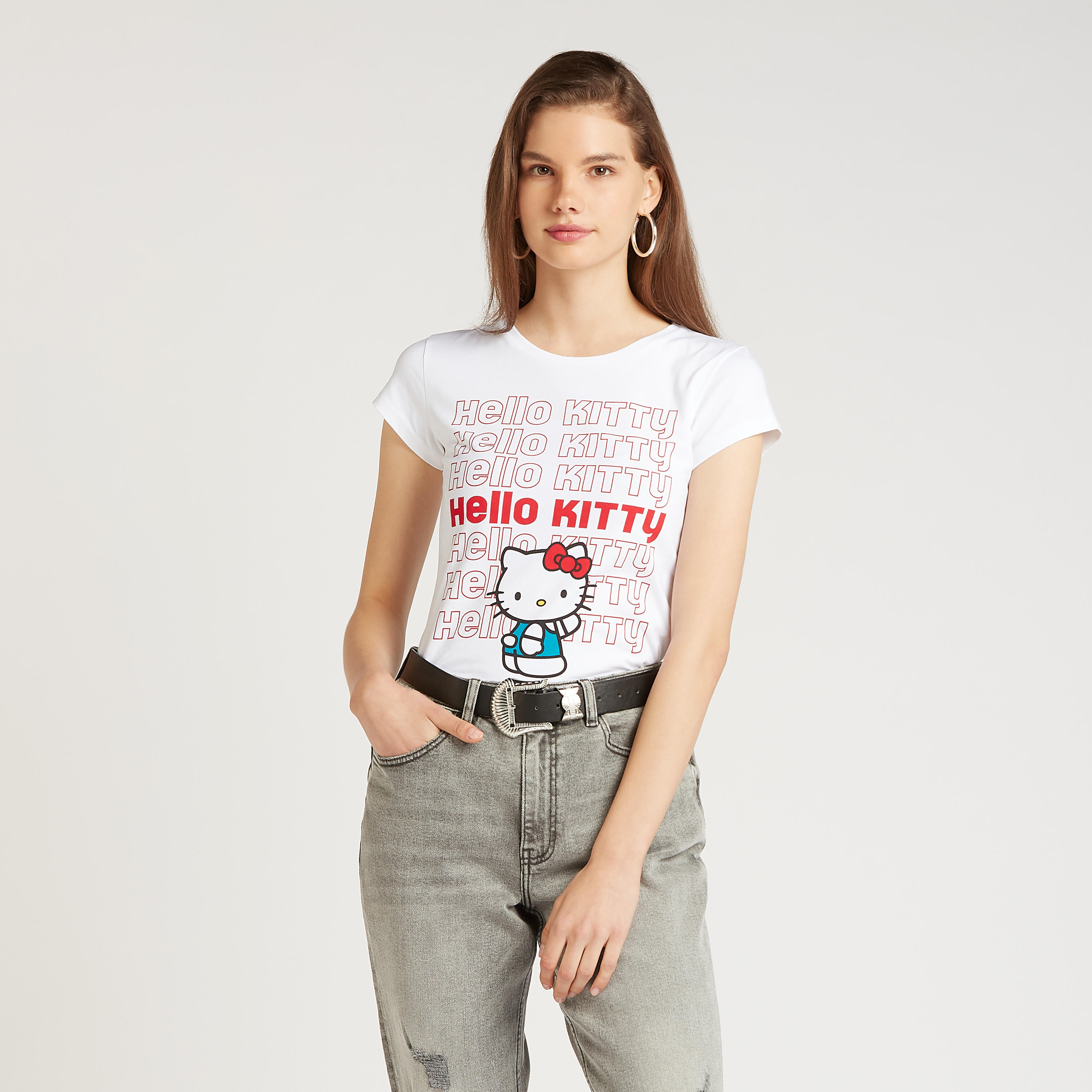 تيشيرت سكيني بياقة مستديرة وأكمام كاب وطبعات هالو كيتي-women-clothing-tshirts-image-1