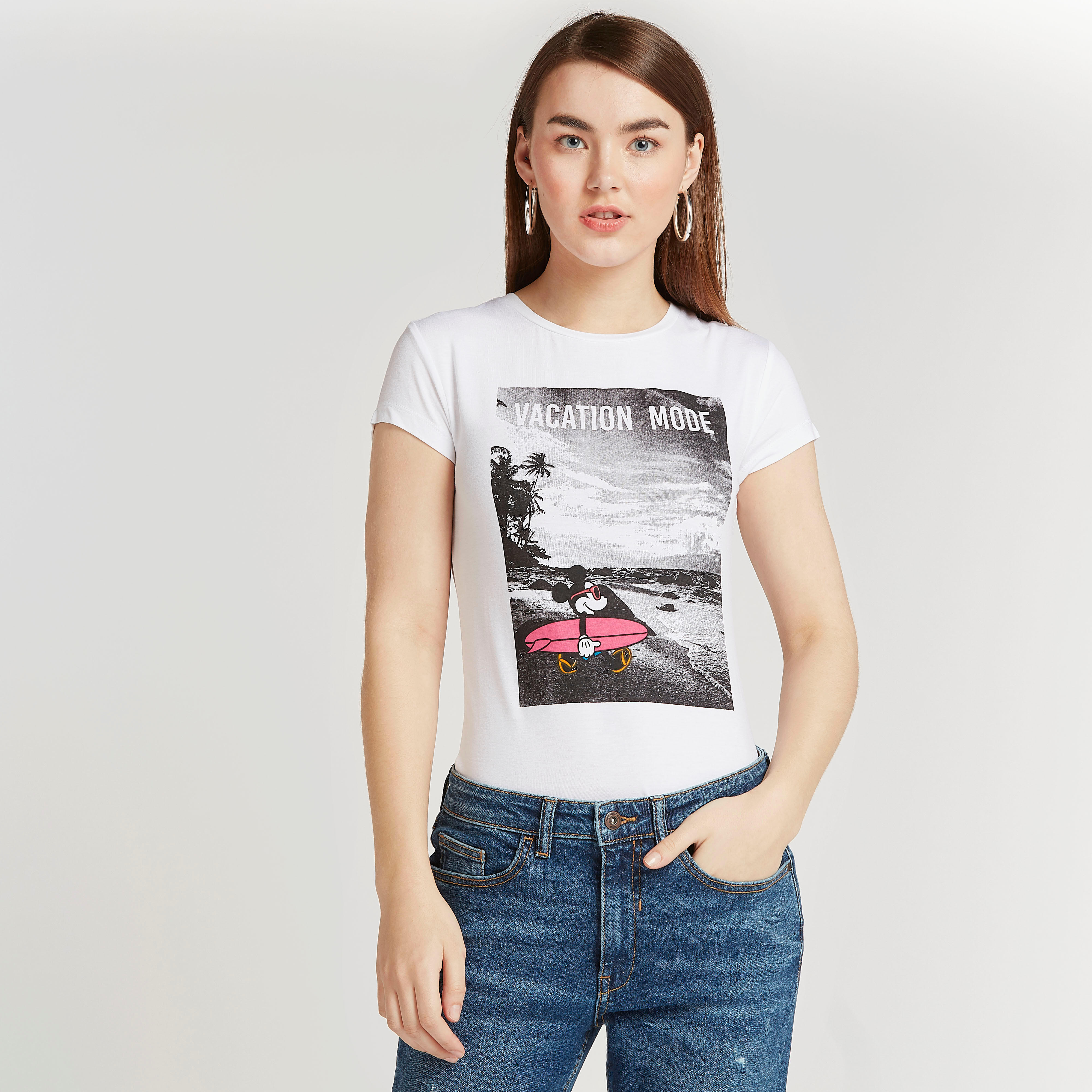 Mickey Mouse Print T-shirt with Crew Neck and Cap Sleeves-women-clothing-tshirts-image-1