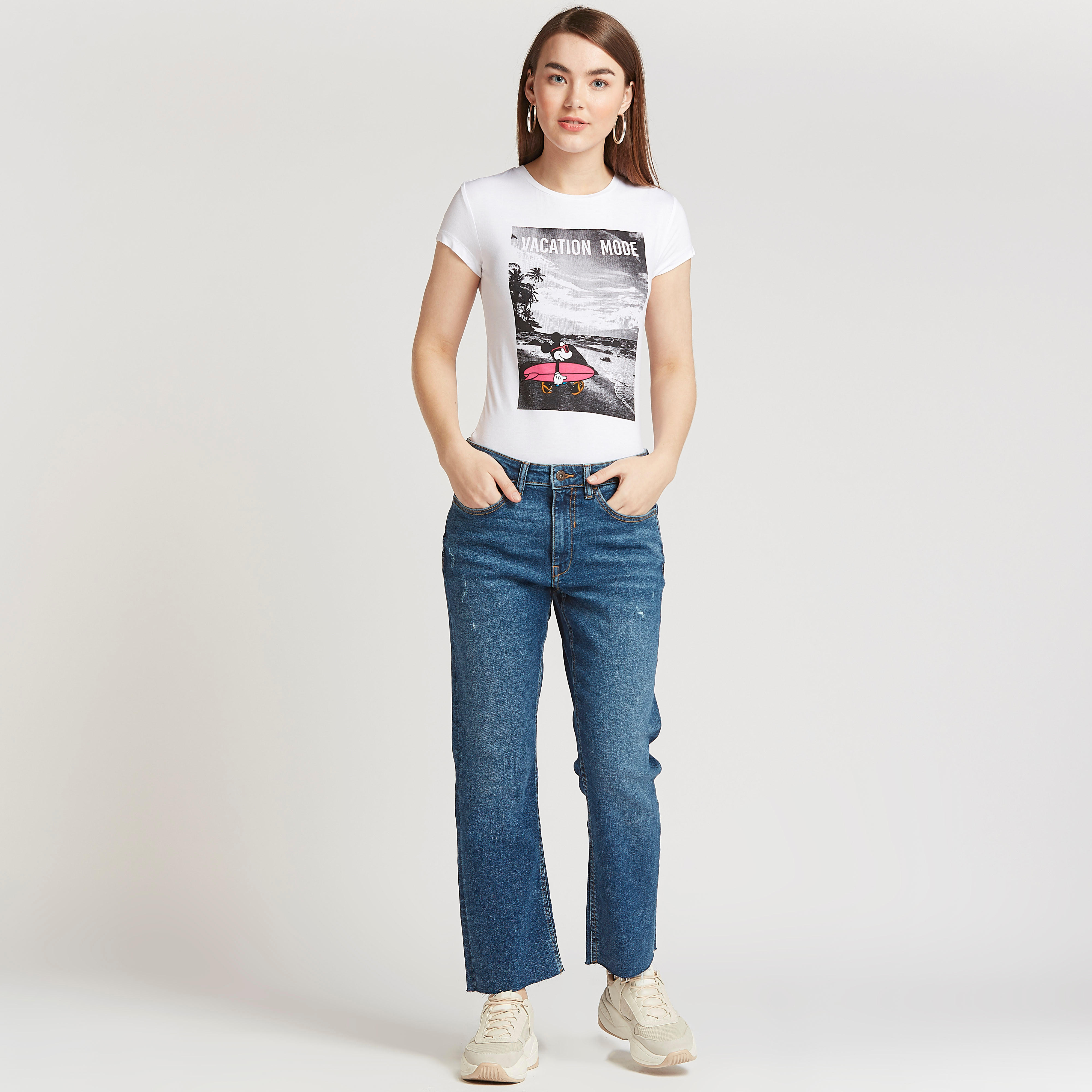 Mickey Mouse Print T-shirt with Crew Neck and Cap Sleeves-women-clothing-tshirts-image-2